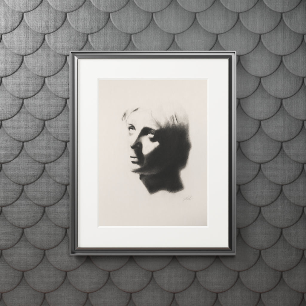 "SHADOW" Fine Art Print with White Passepartout — Minimalist Portrait Charcoal Reproduction
