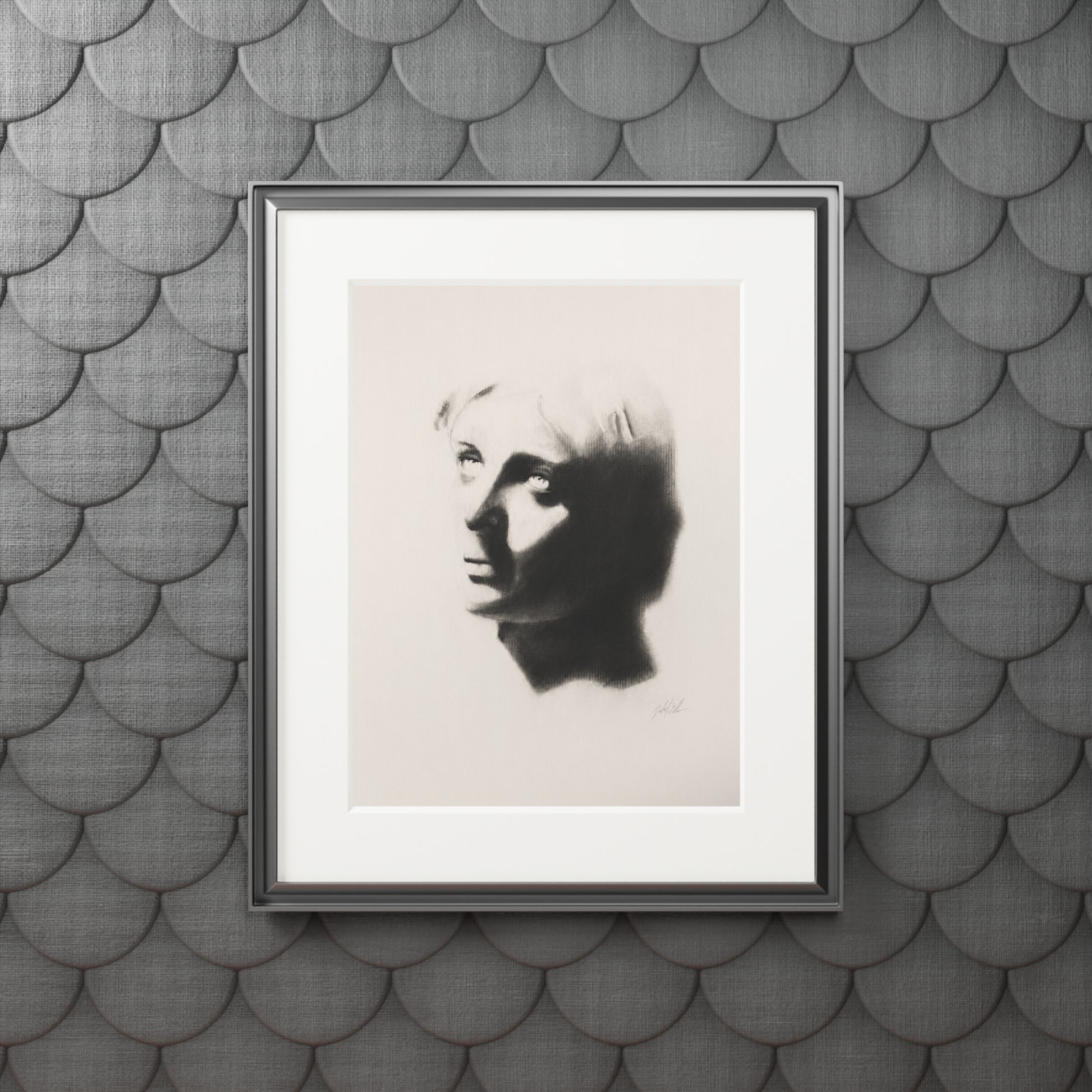 "SHADOW" Fine Art Print with White Passepartout — Minimalist Portrait Charcoal Reproduction