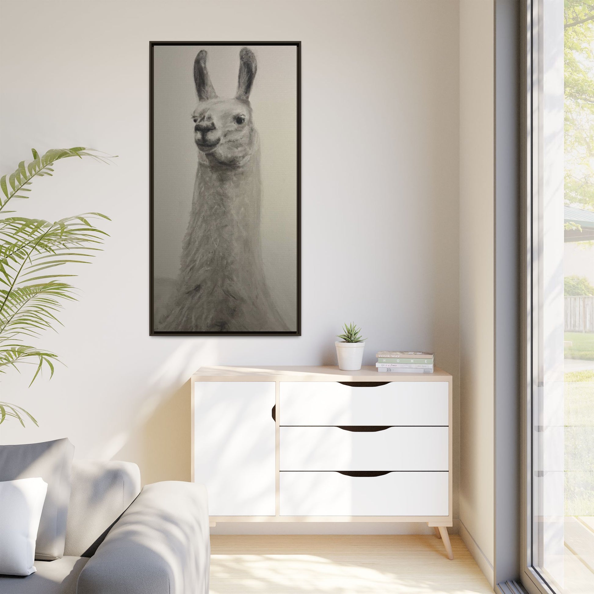 Framed Llama Portrait Canvas — Neutral Monochrome Animal Wall Art