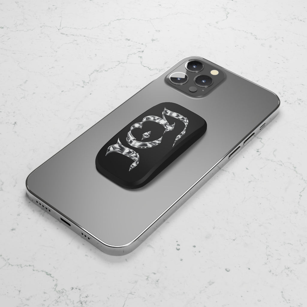 "ICY" Chrome Gothic Phone Grip — Black Click-On Phone Stand
