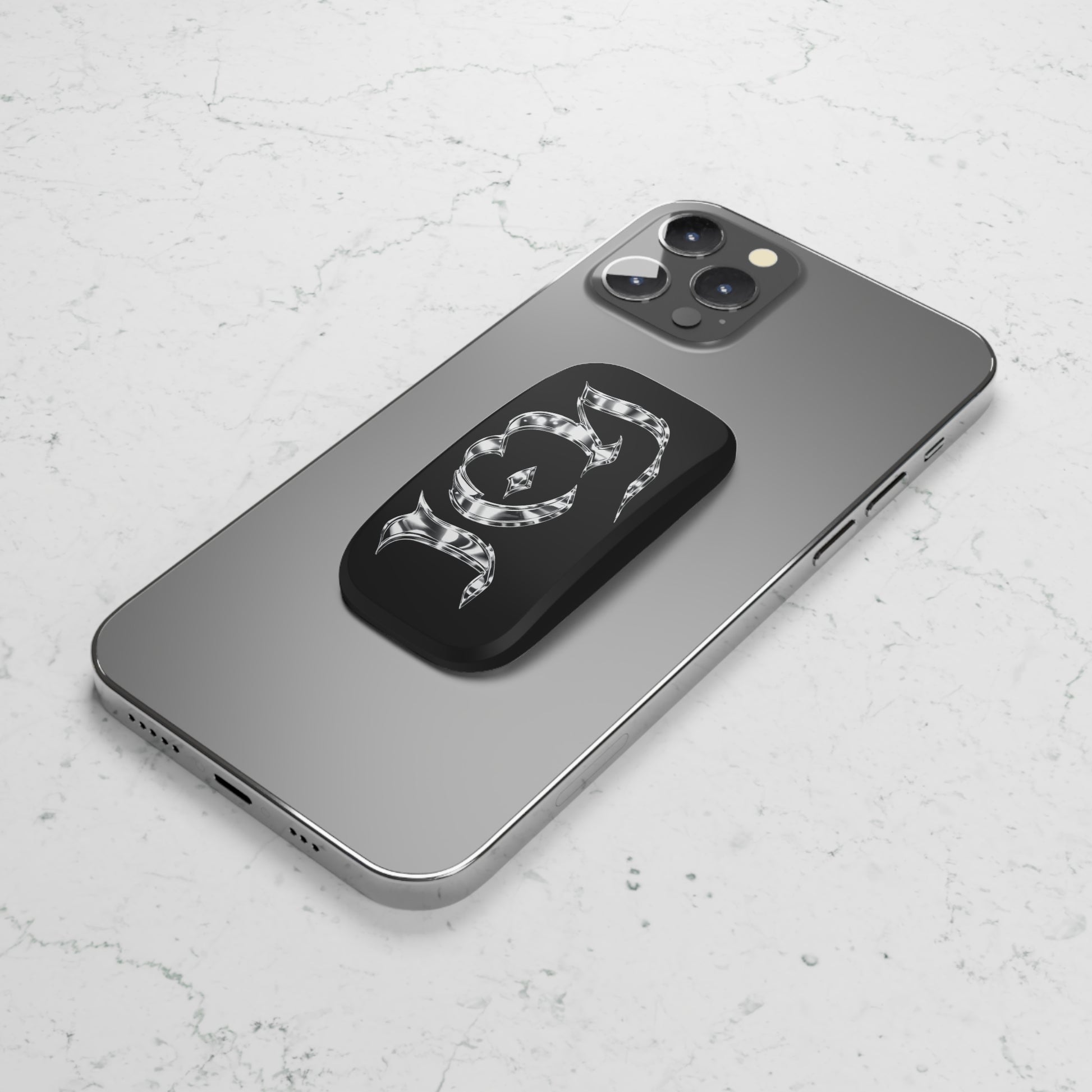 "ICY" Chrome Gothic Phone Grip — Black Click-On Phone Stand