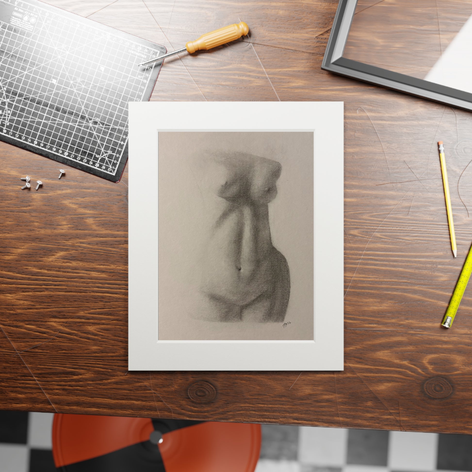 Charcoal Nude Torso Fine Art Print with Passepartout — Figure Study Wall Art
