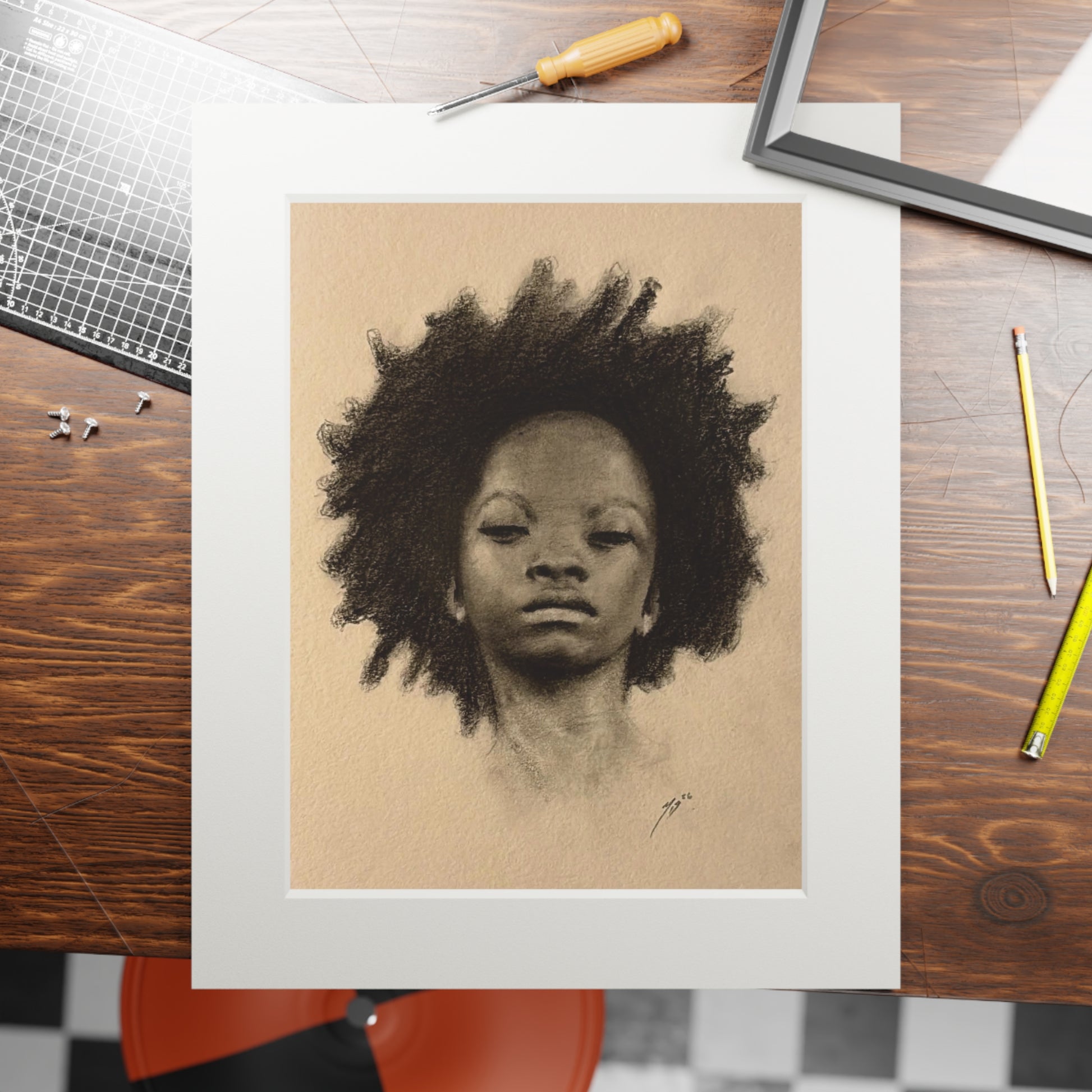 "AFRO" Fine Art Print — Charcoal Portrait with Passepartout Frame