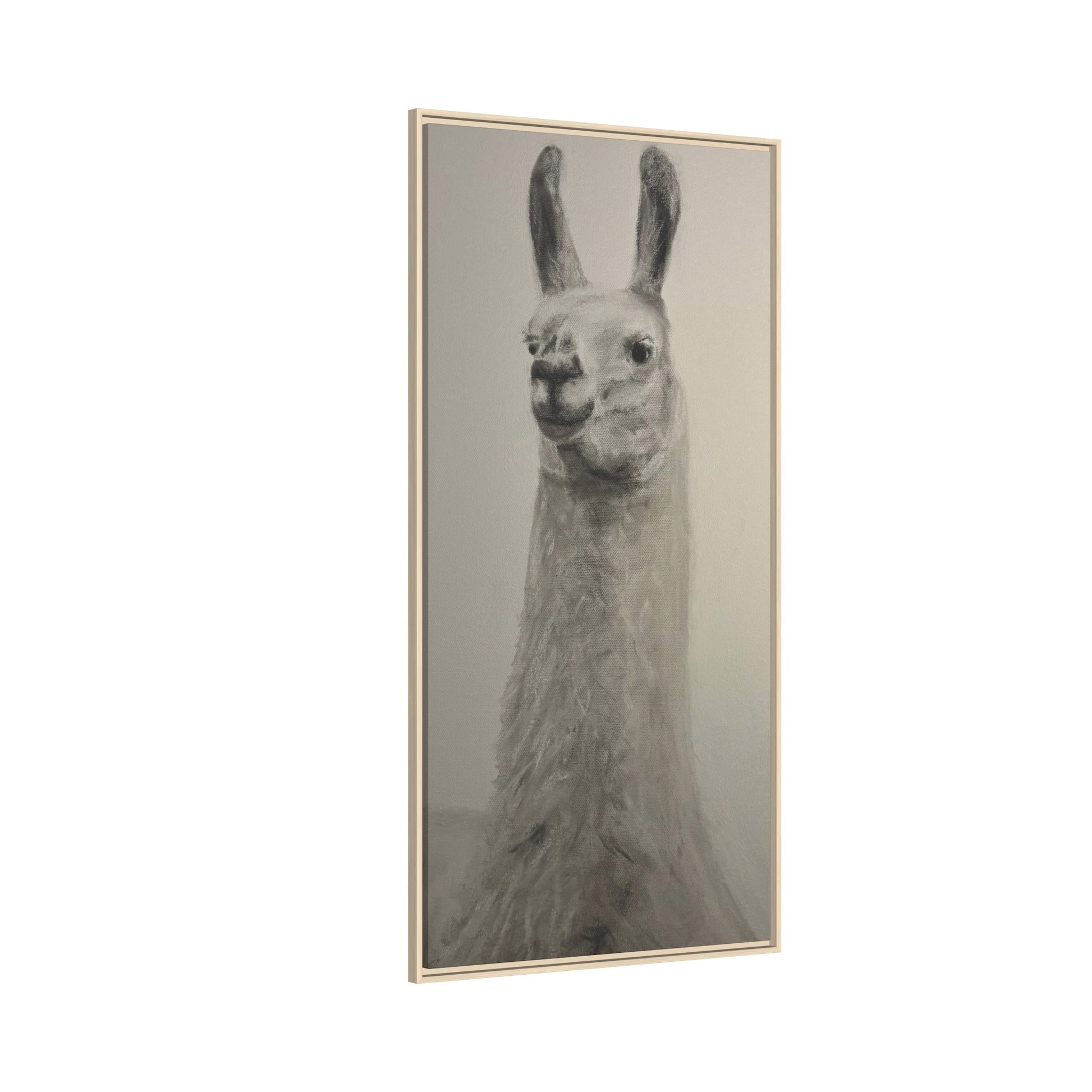 Framed Llama Portrait Canvas — Neutral Monochrome Animal Wall Art