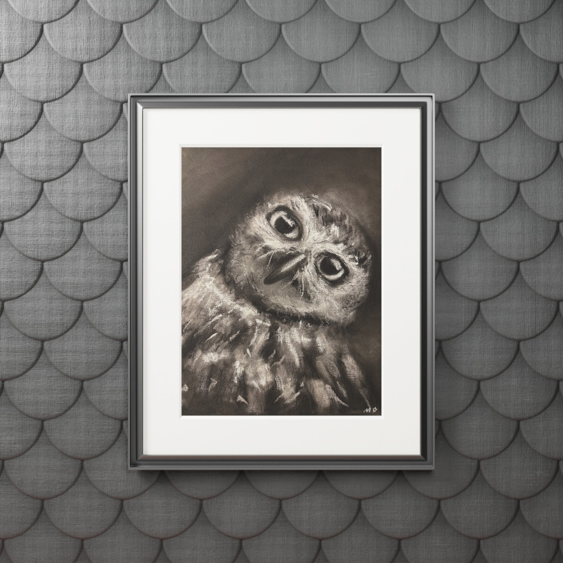 "CURIOSITY" Owl Charcoal Fine Art Print with Passepartout Frame