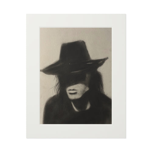 "COWBOY" Charcoal Portrait Print with Passepartout — Moody Hat Silhouette Fine Art