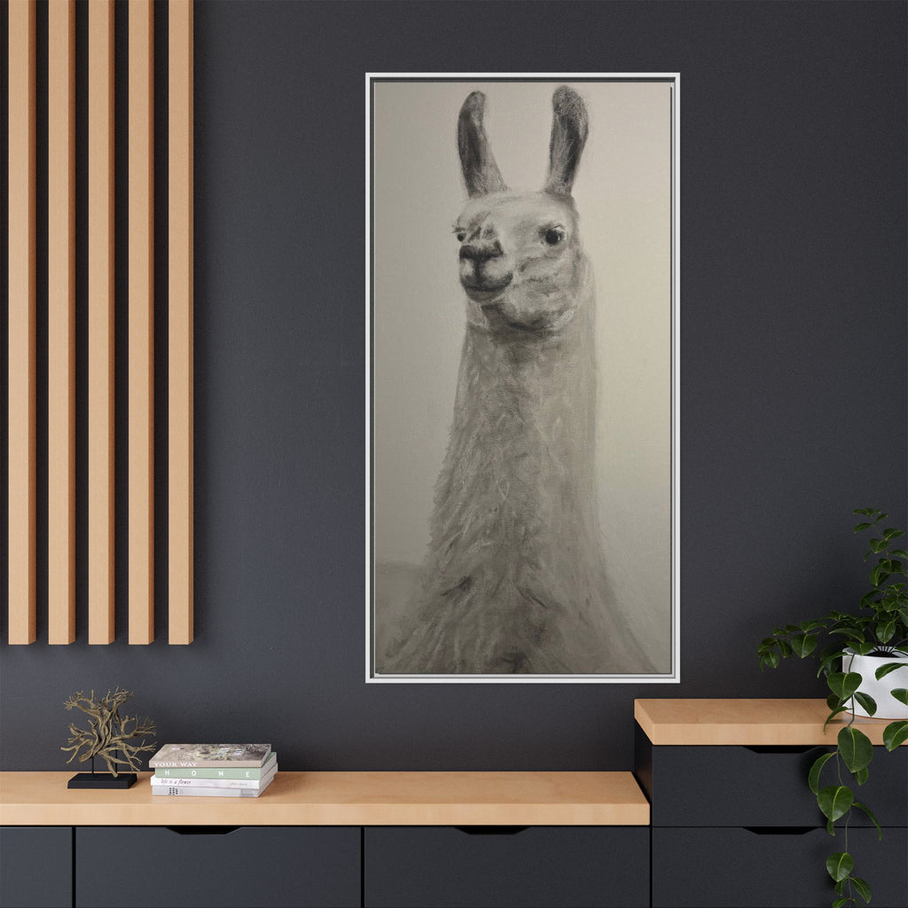 Framed Llama Portrait Canvas — Neutral Monochrome Animal Wall Art
