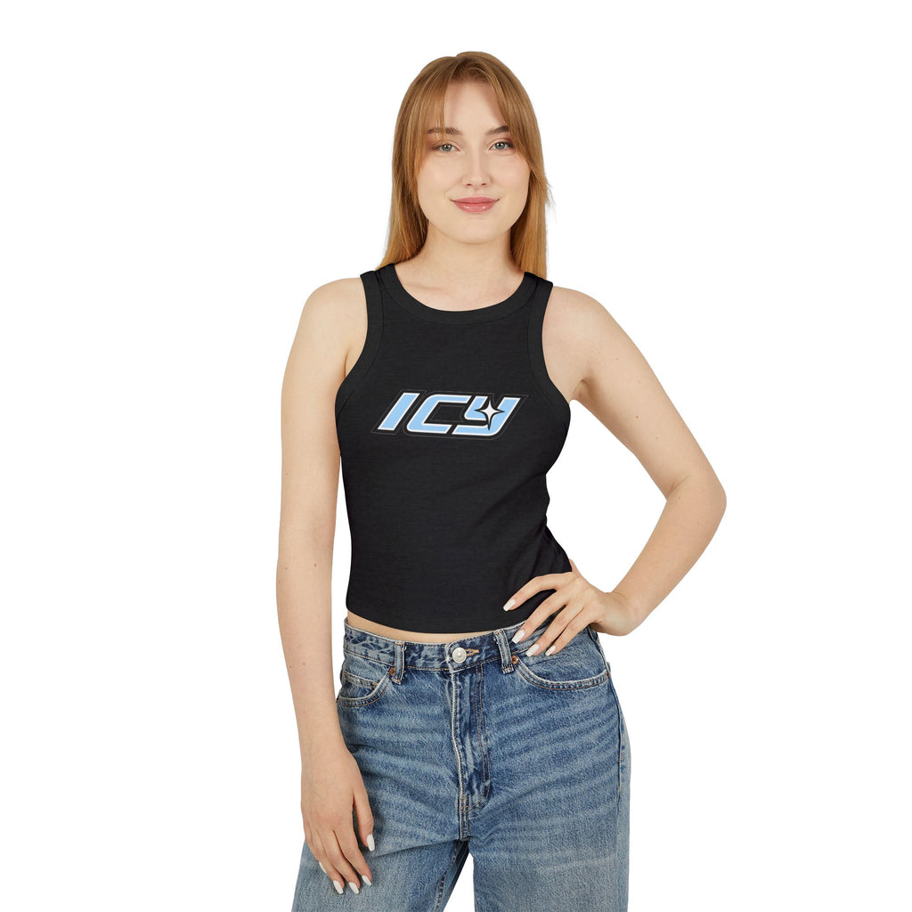 Icy Mikey "POP" Graphic Racer Tank — Women's White Micro Rib Crop Tank