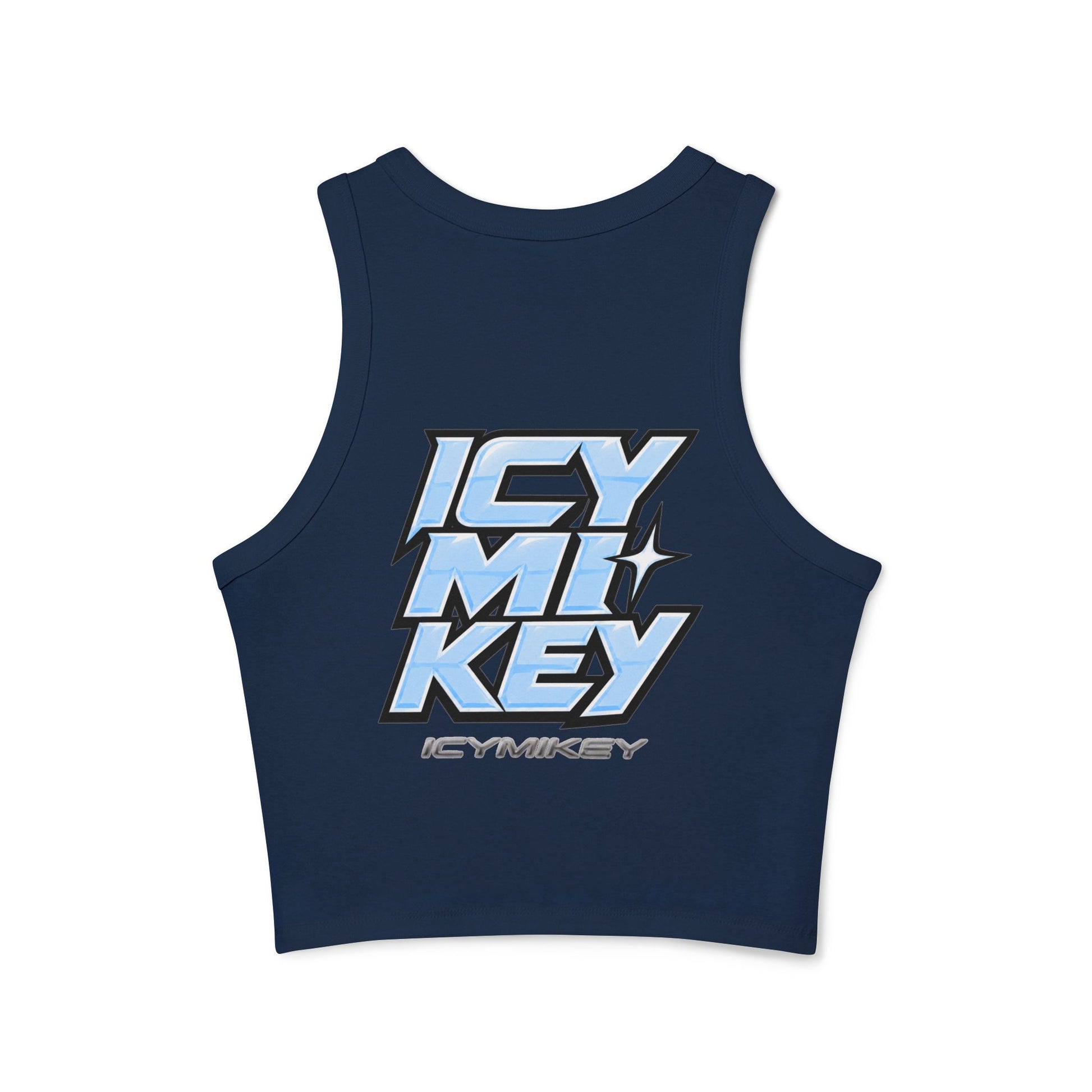 Icy Mikey "POP" Graphic Racer Tank — Women's White Micro Rib Crop Tank