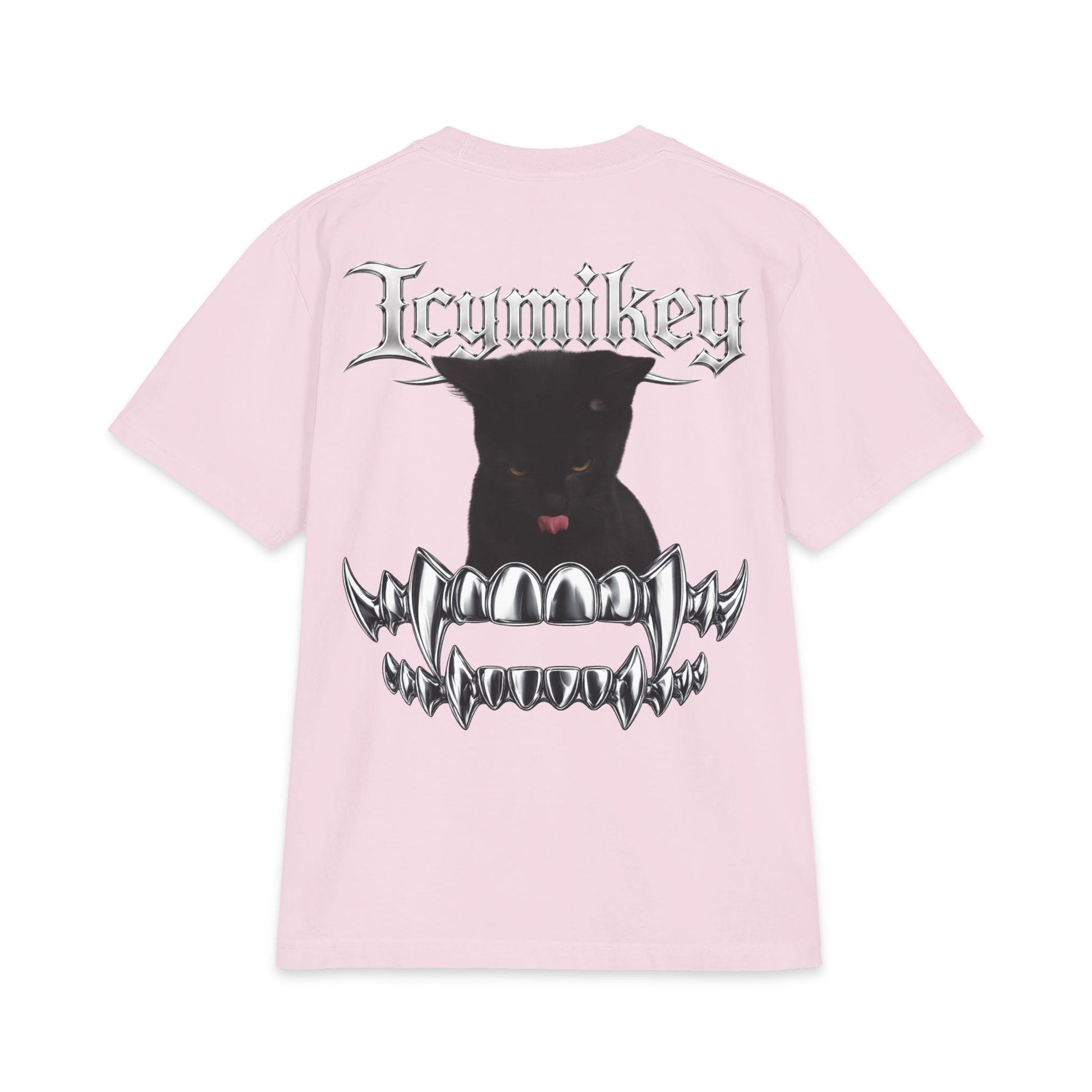 IcyMikey "BOO" Graphic Tee — Black Cat & Metallic Fang Back Print