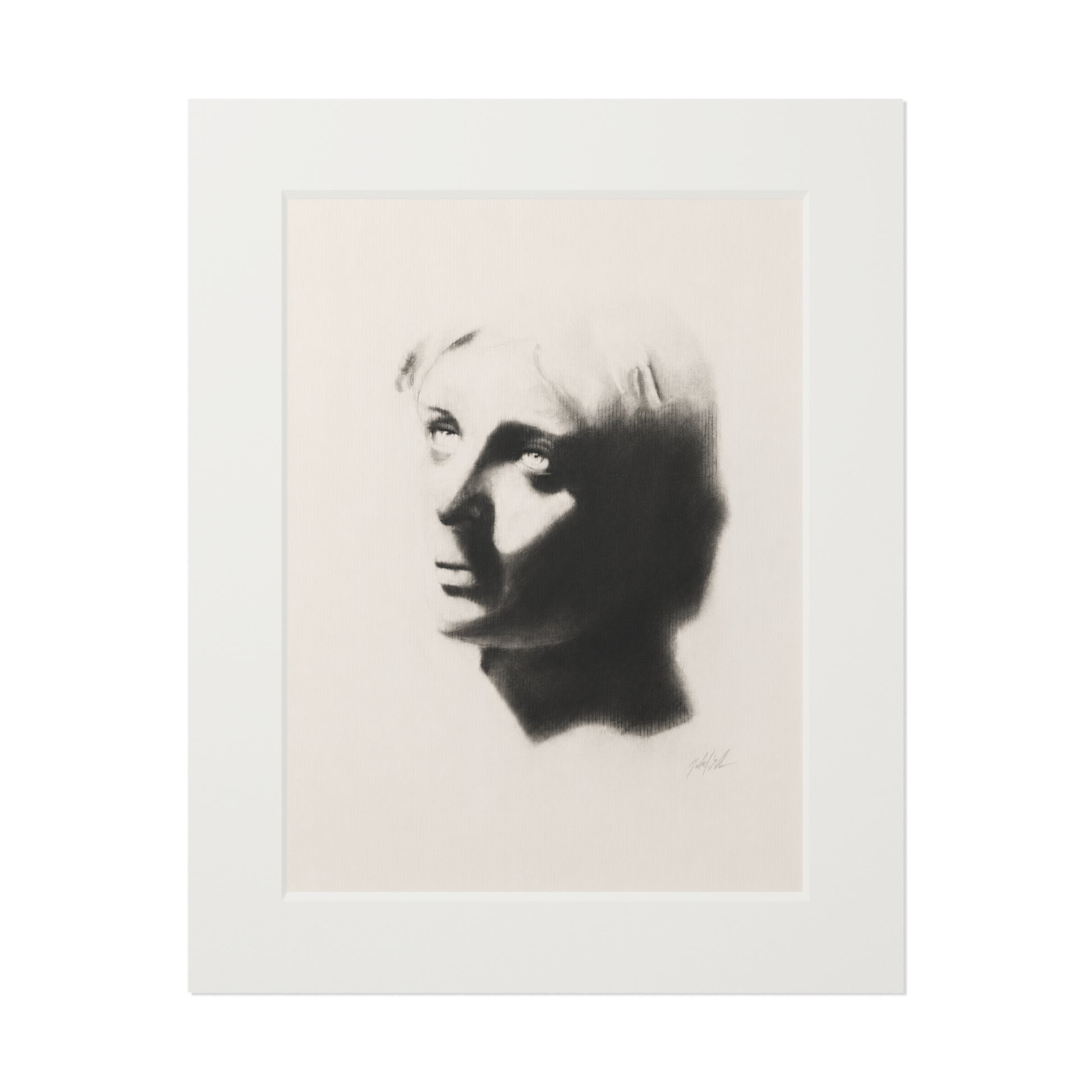 "SHADOW" Fine Art Print with White Passepartout — Minimalist Portrait Charcoal Reproduction
