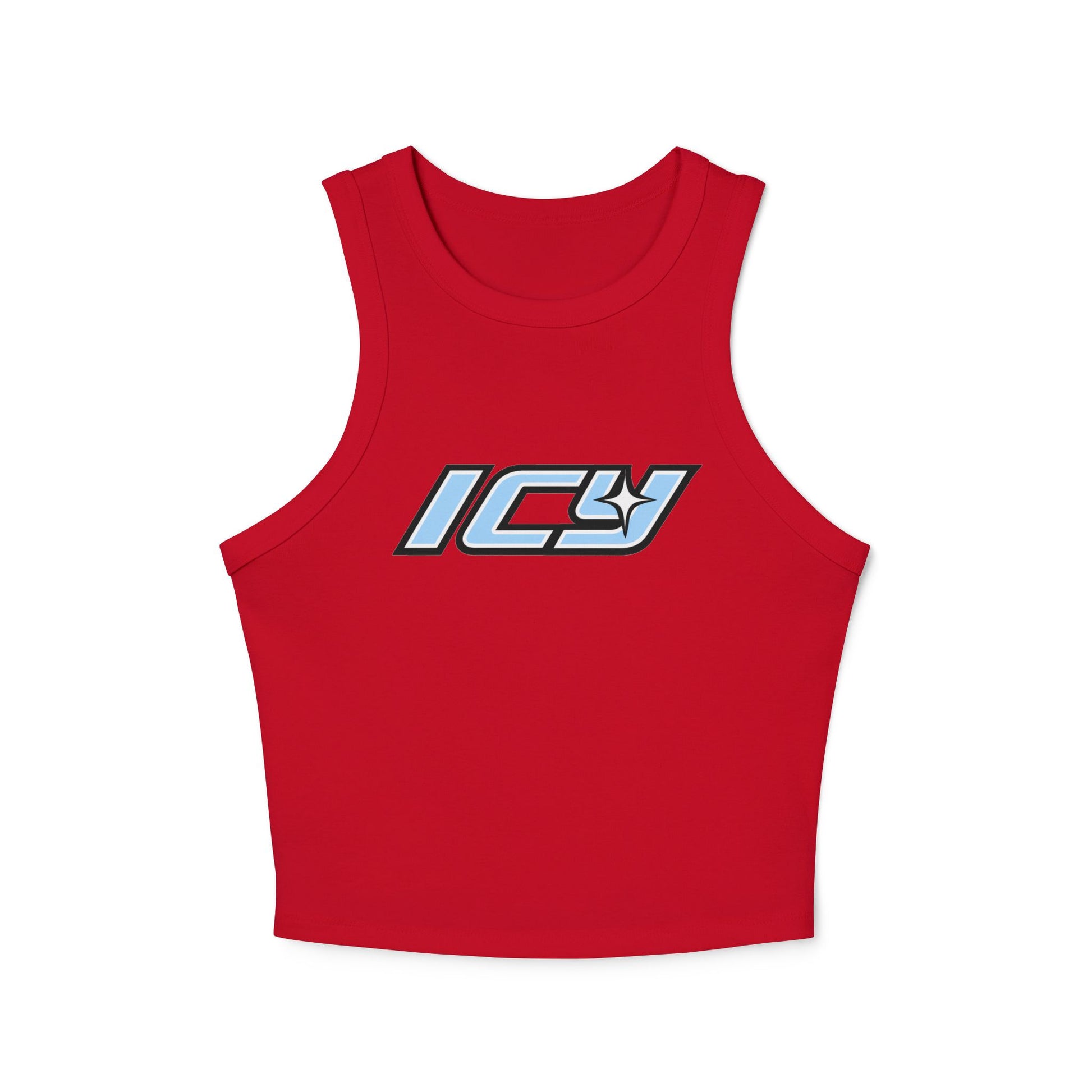 Icy Mikey "POP" Graphic Racer Tank — Women's White Micro Rib Crop Tank