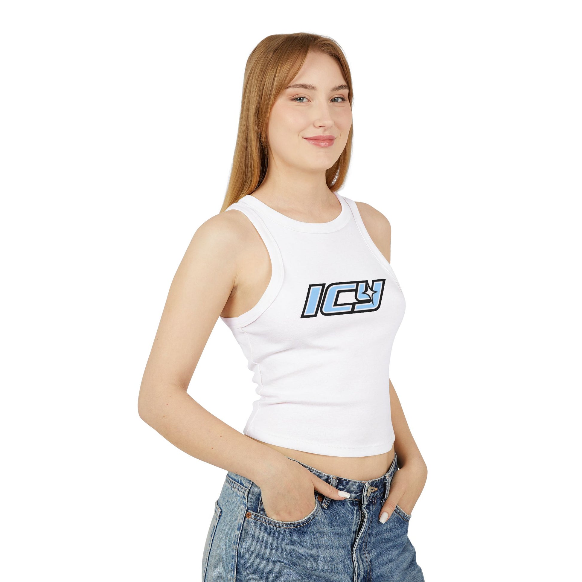 Icy Mikey "POP" Graphic Racer Tank — Women's White Micro Rib Crop Tank
