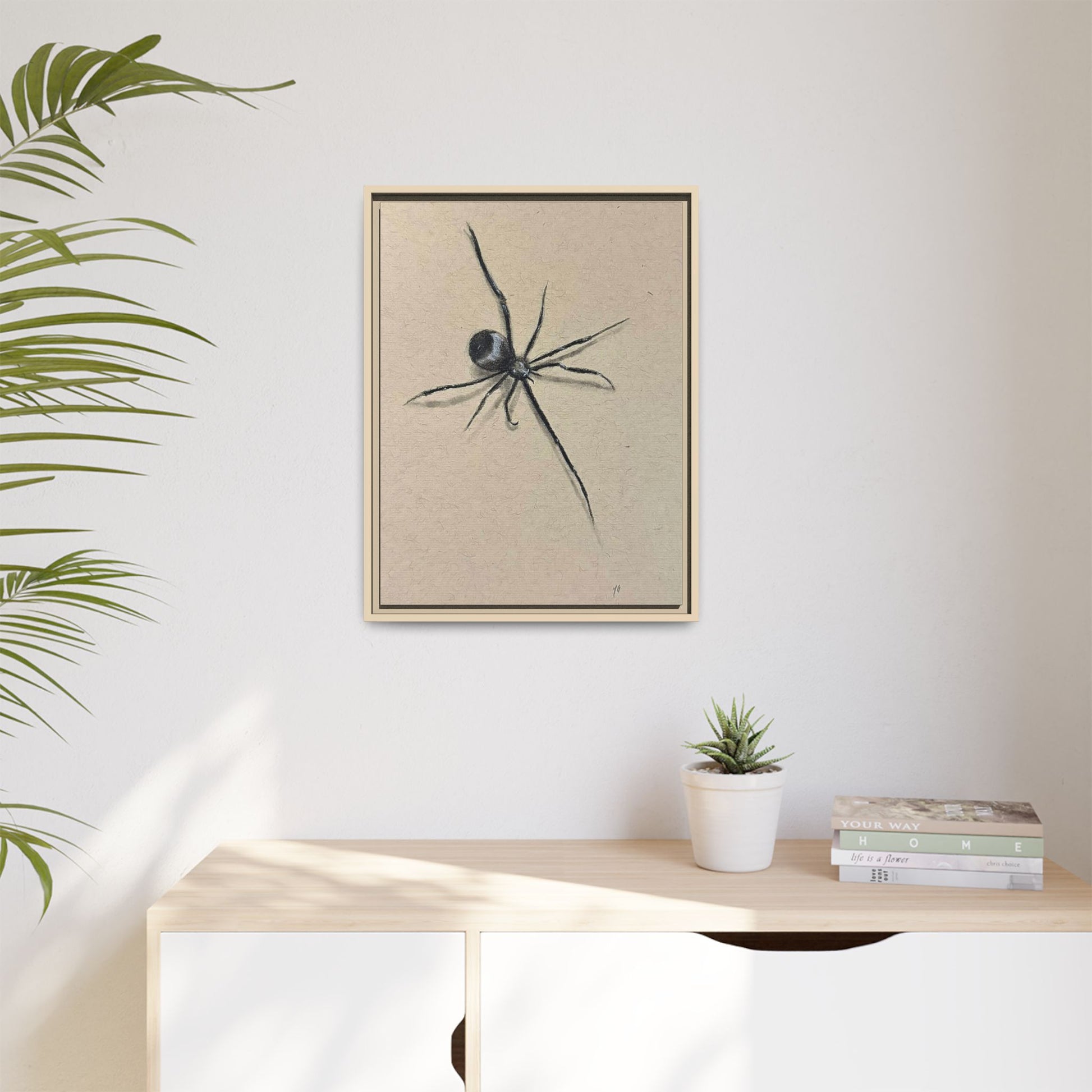 "ICY" SPIDER Framed Canvas Art — Minimal Black Spider Sketch
