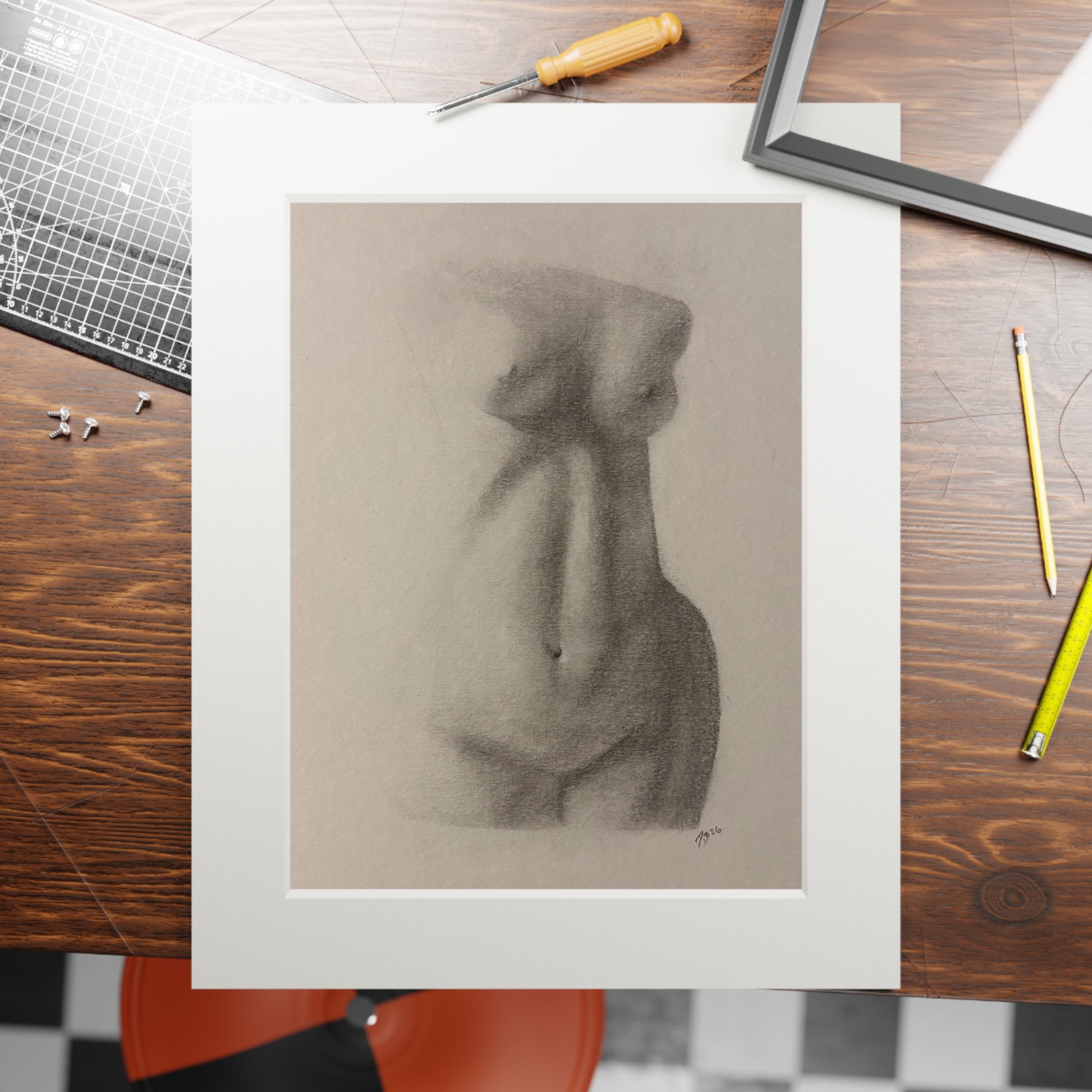 Charcoal Nude Torso Fine Art Print with Passepartout — Figure Study Wall Art
