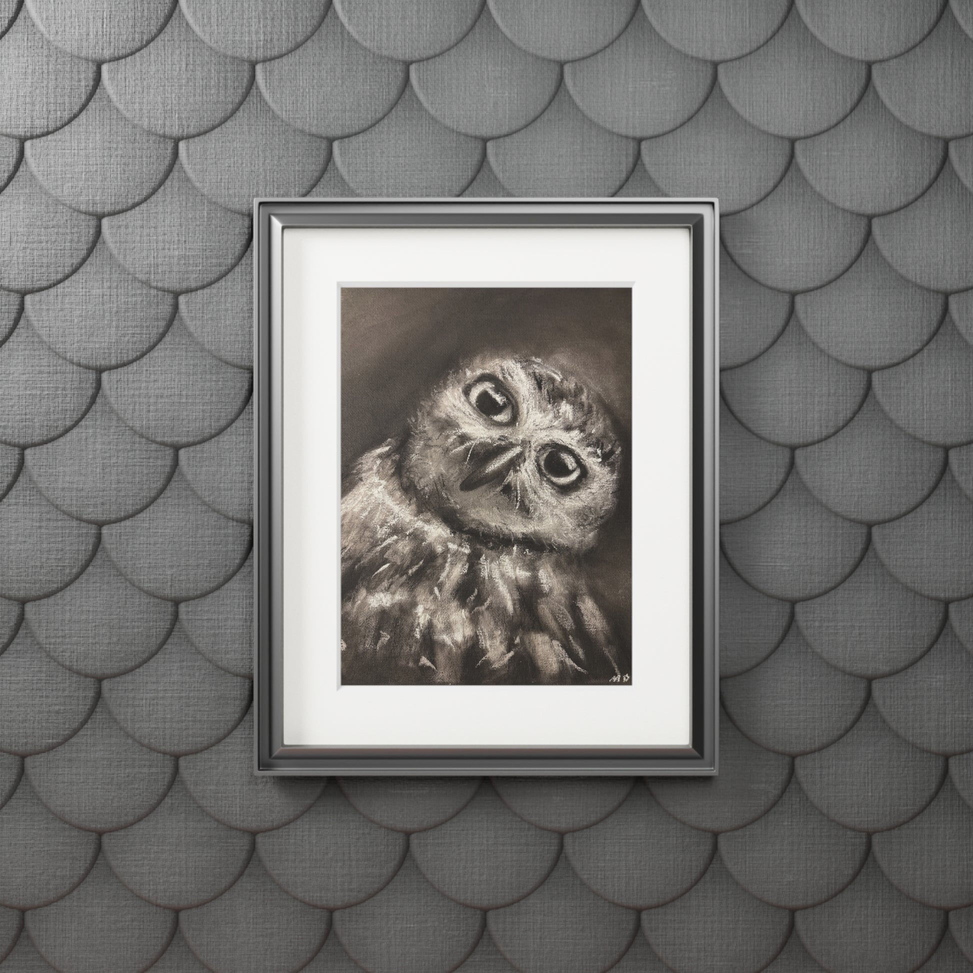 "CURIOSITY" Owl Charcoal Fine Art Print with Passepartout Frame