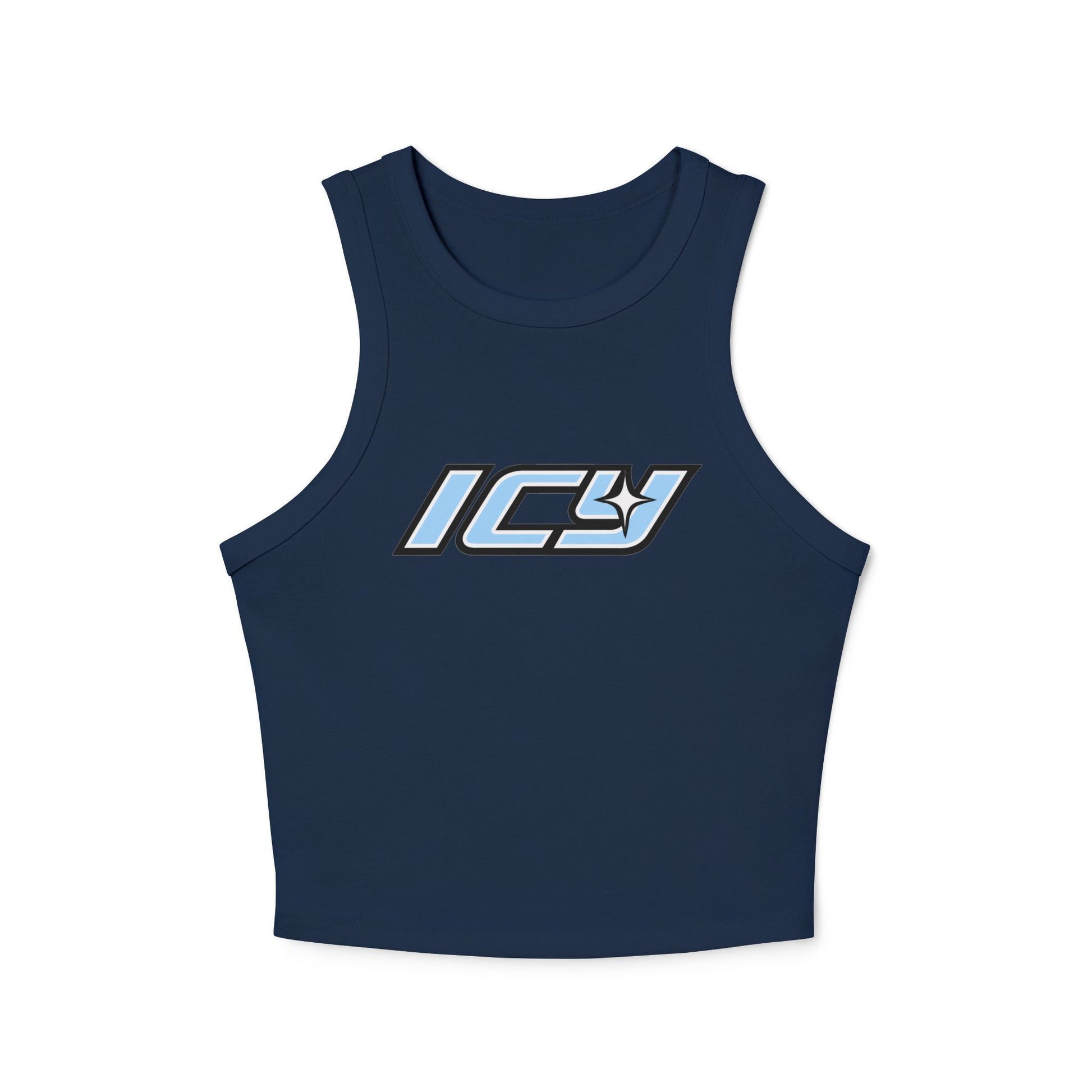 Icy Mikey "POP" Graphic Racer Tank — Women's White Micro Rib Crop Tank