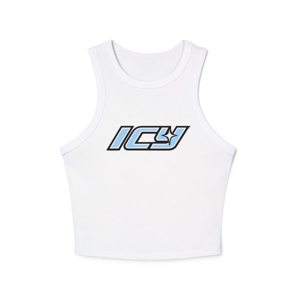 Icy Mikey "POP" Graphic Racer Tank — Women's White Micro Rib Crop Tank