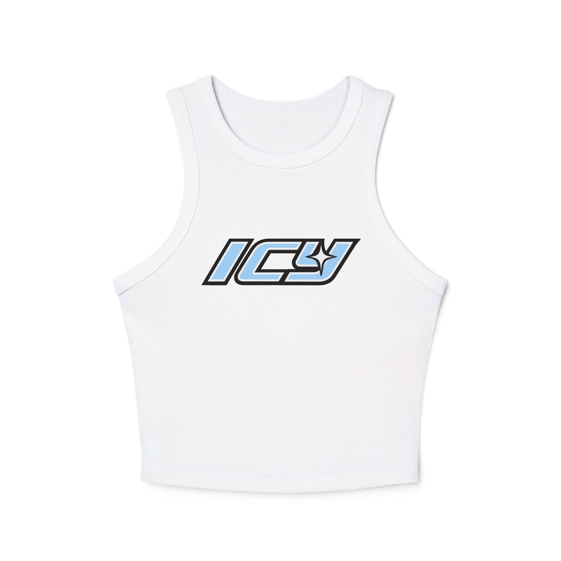 Icy Mikey "POP" Graphic Racer Tank — Women's White Micro Rib Crop Tank