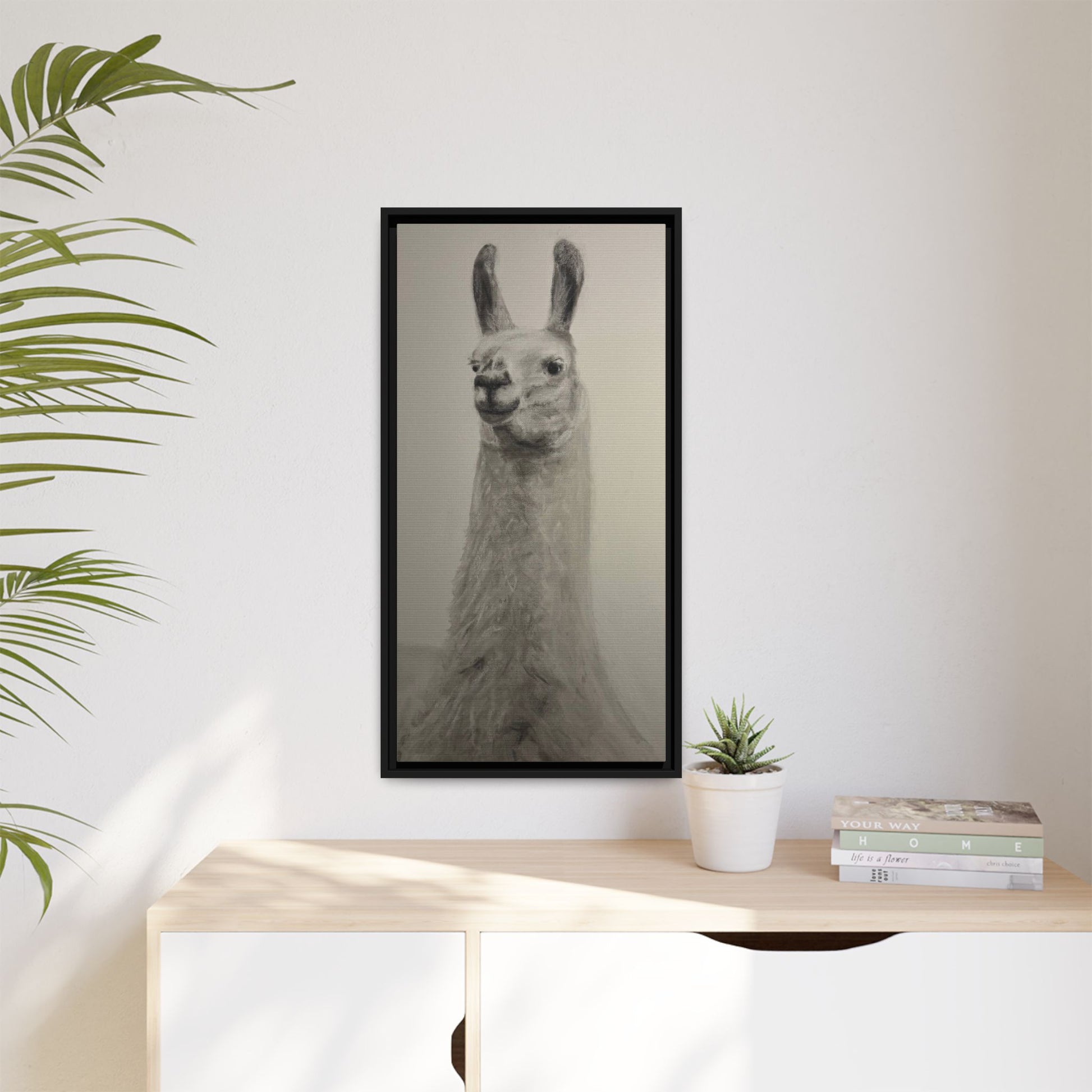 Framed Llama Portrait Canvas — Neutral Monochrome Animal Wall Art