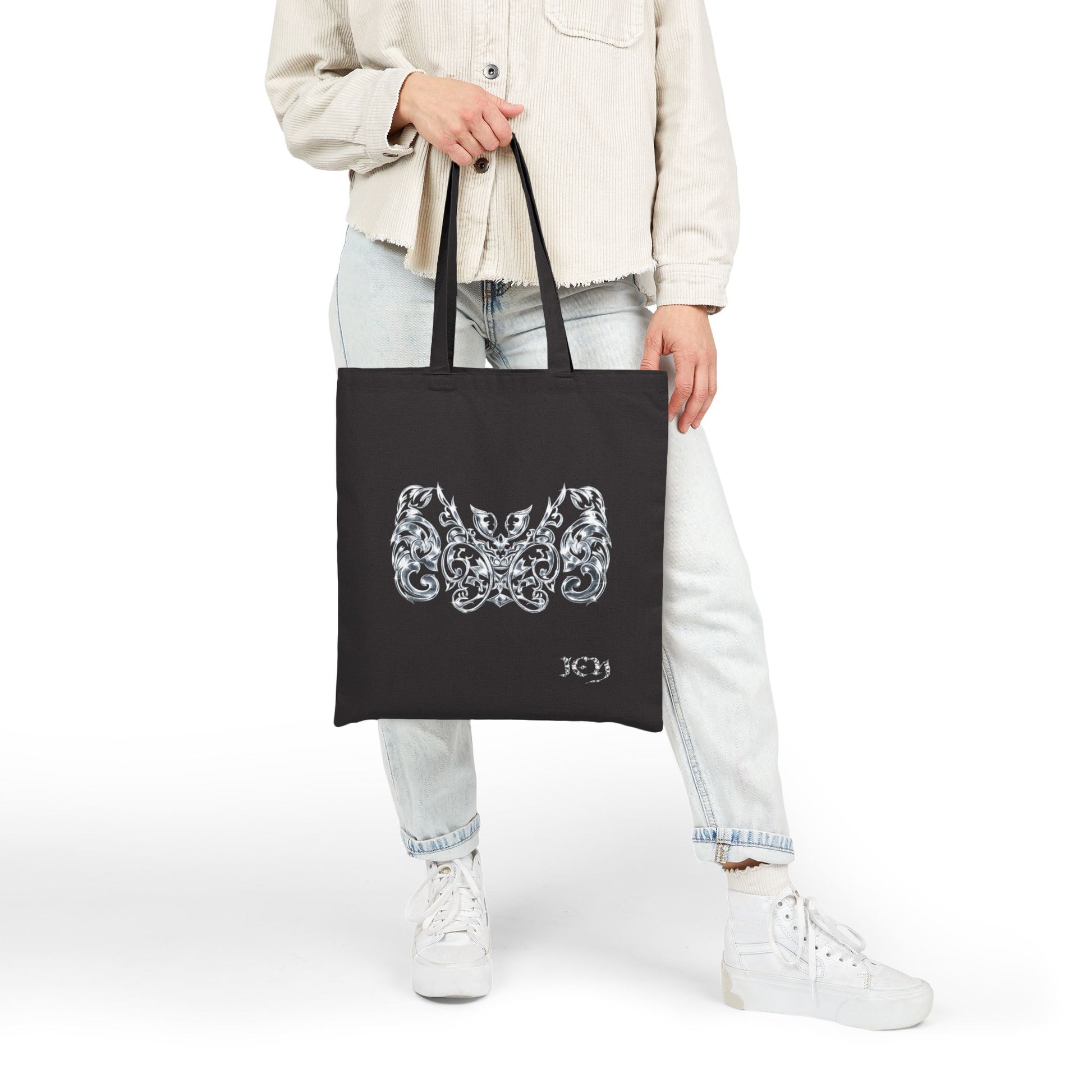 "ICY" Canvas Tote Bag — Ornate Silver Bat Design
