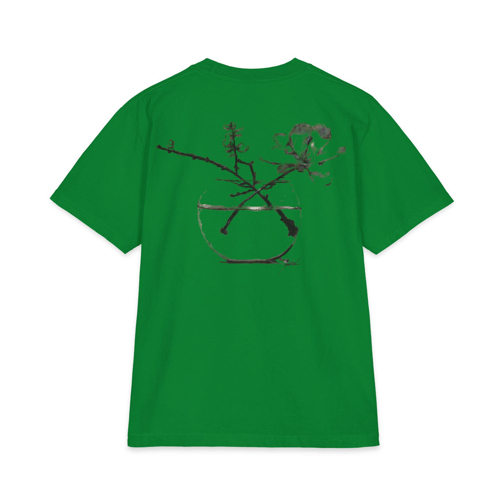 Graphic T-Shirt — Minimal Floral Ink Vase Tee (front logo, back brushstroke blossom)