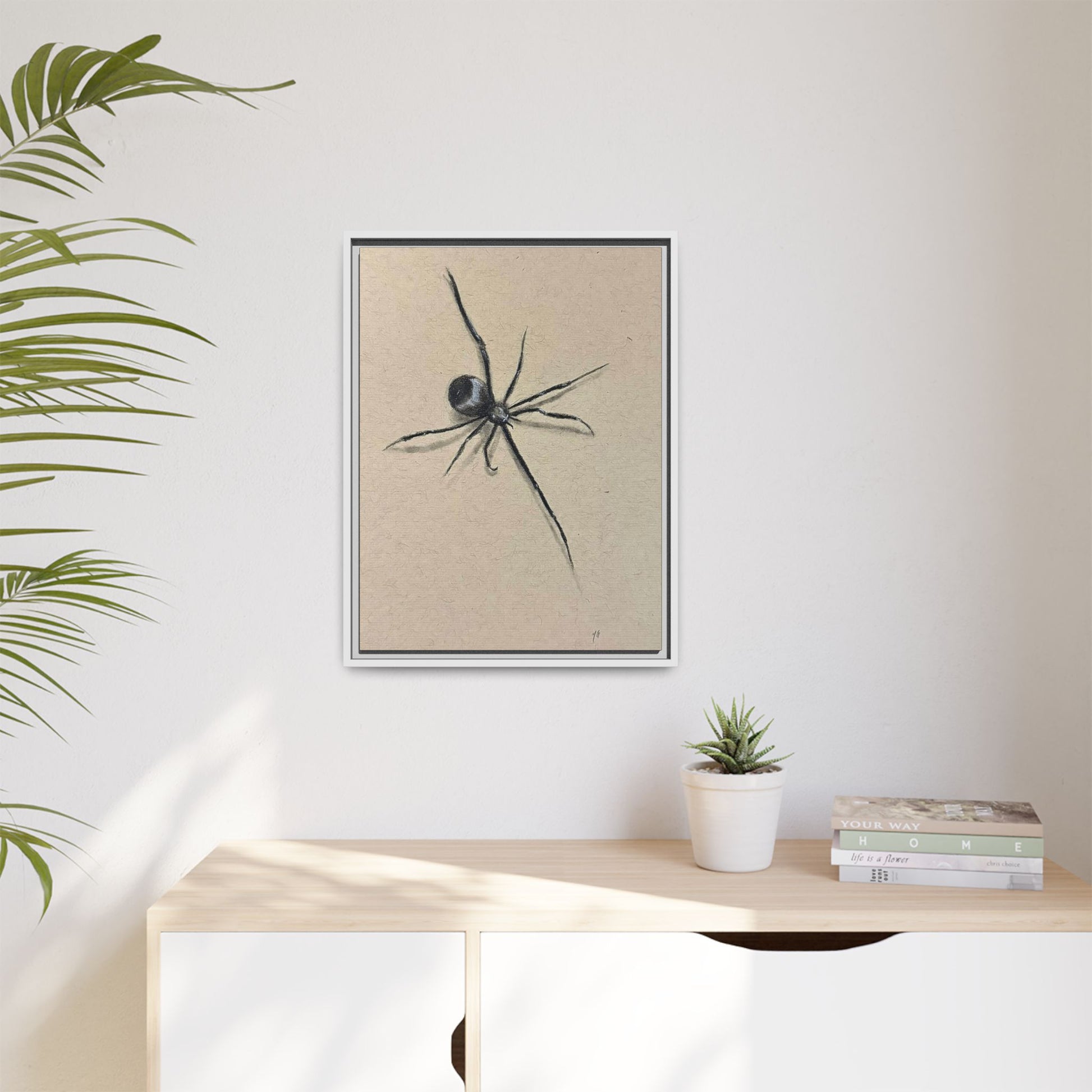 "ICY" SPIDER Framed Canvas Art — Minimal Black Spider Sketch