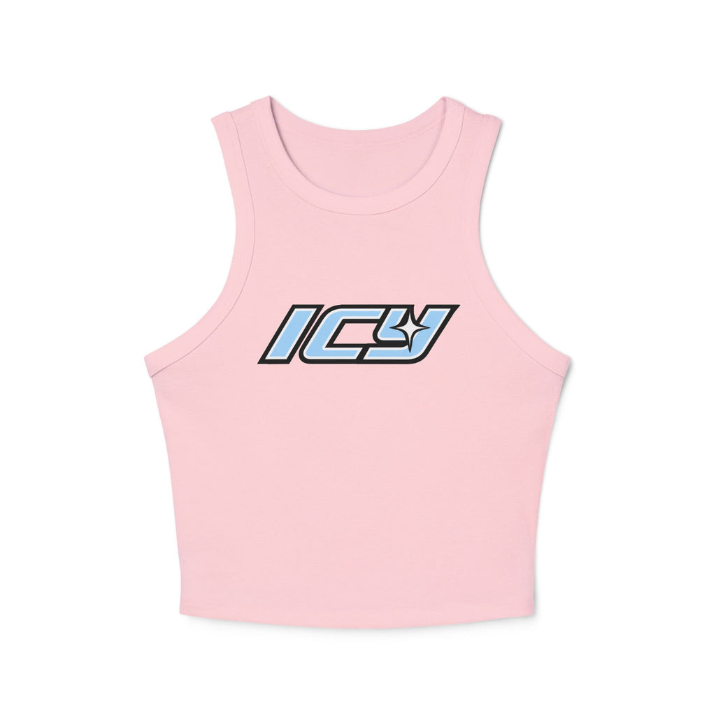 Icy Mikey "POP" Graphic Racer Tank — Women's White Micro Rib Crop Tank