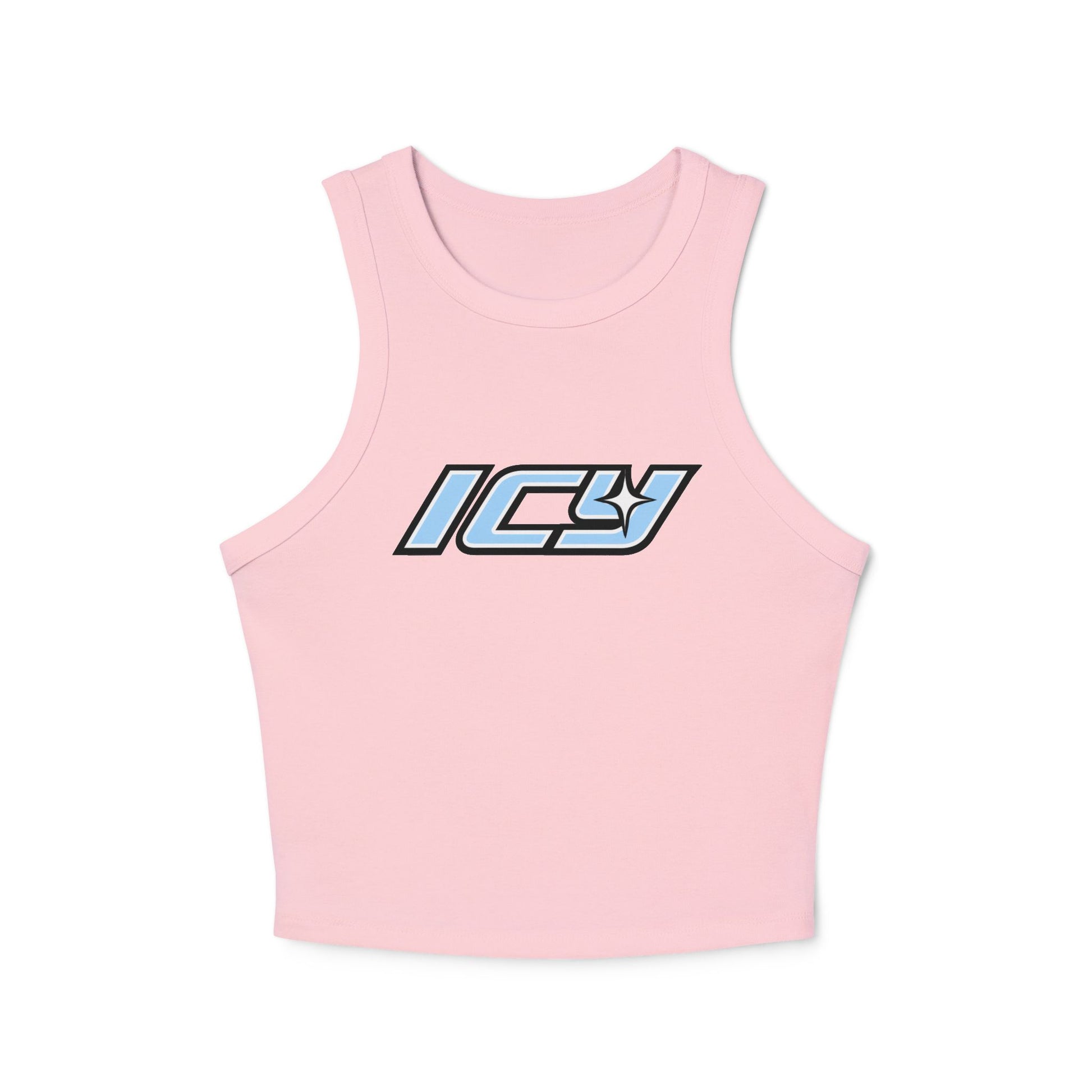 Icy Mikey "POP" Graphic Racer Tank — Women's White Micro Rib Crop Tank
