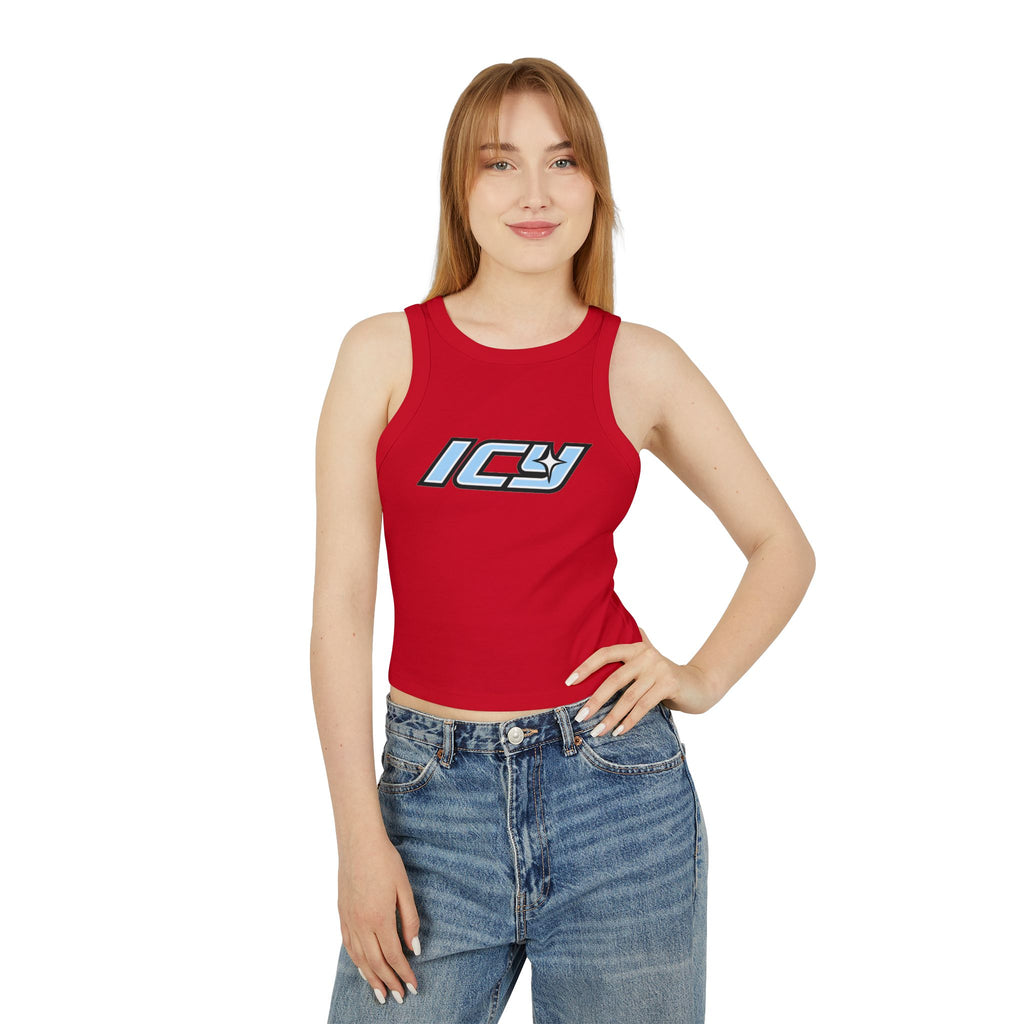 Icy Mikey "POP" Graphic Racer Tank — Women's White Micro Rib Crop Tank
