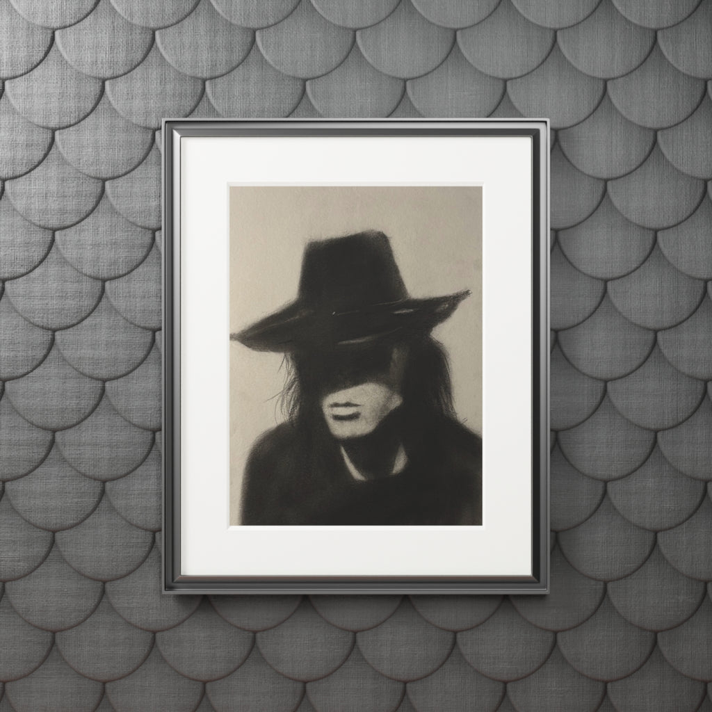 "COWBOY" Charcoal Portrait Print with Passepartout — Moody Hat Silhouette Fine Art