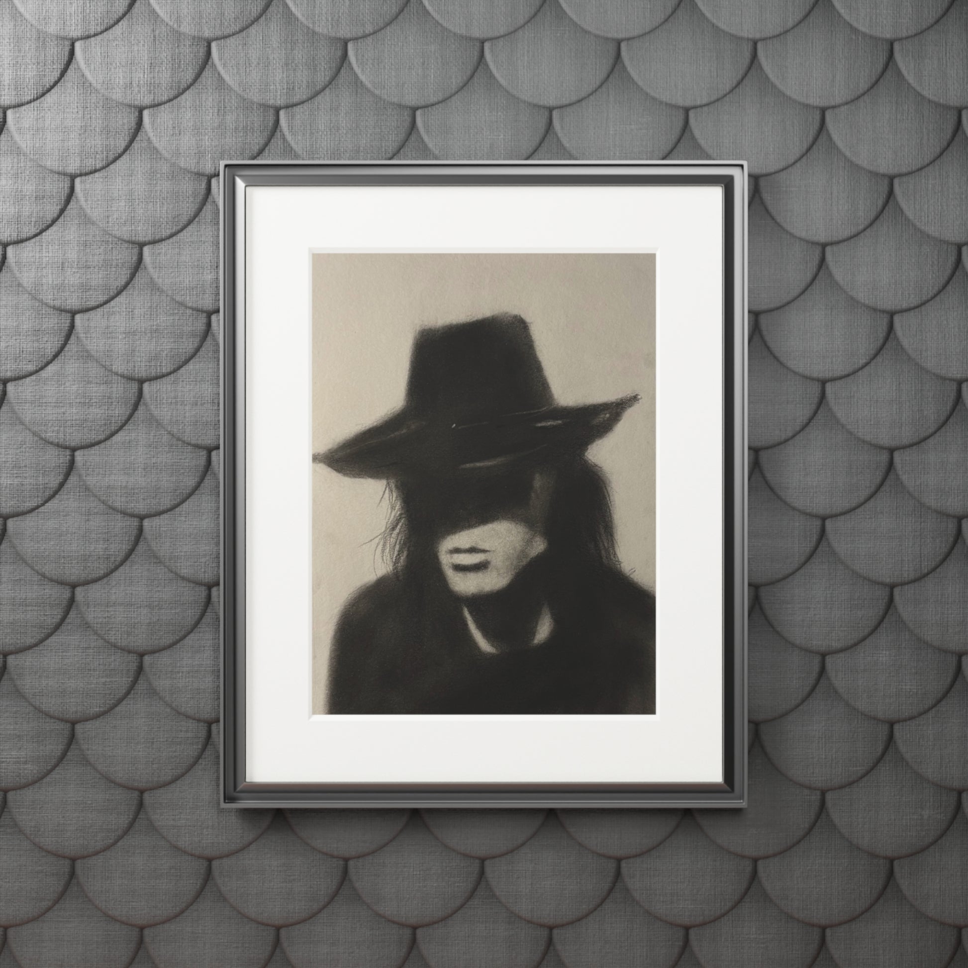 "COWBOY" Charcoal Portrait Print with Passepartout — Moody Hat Silhouette Fine Art