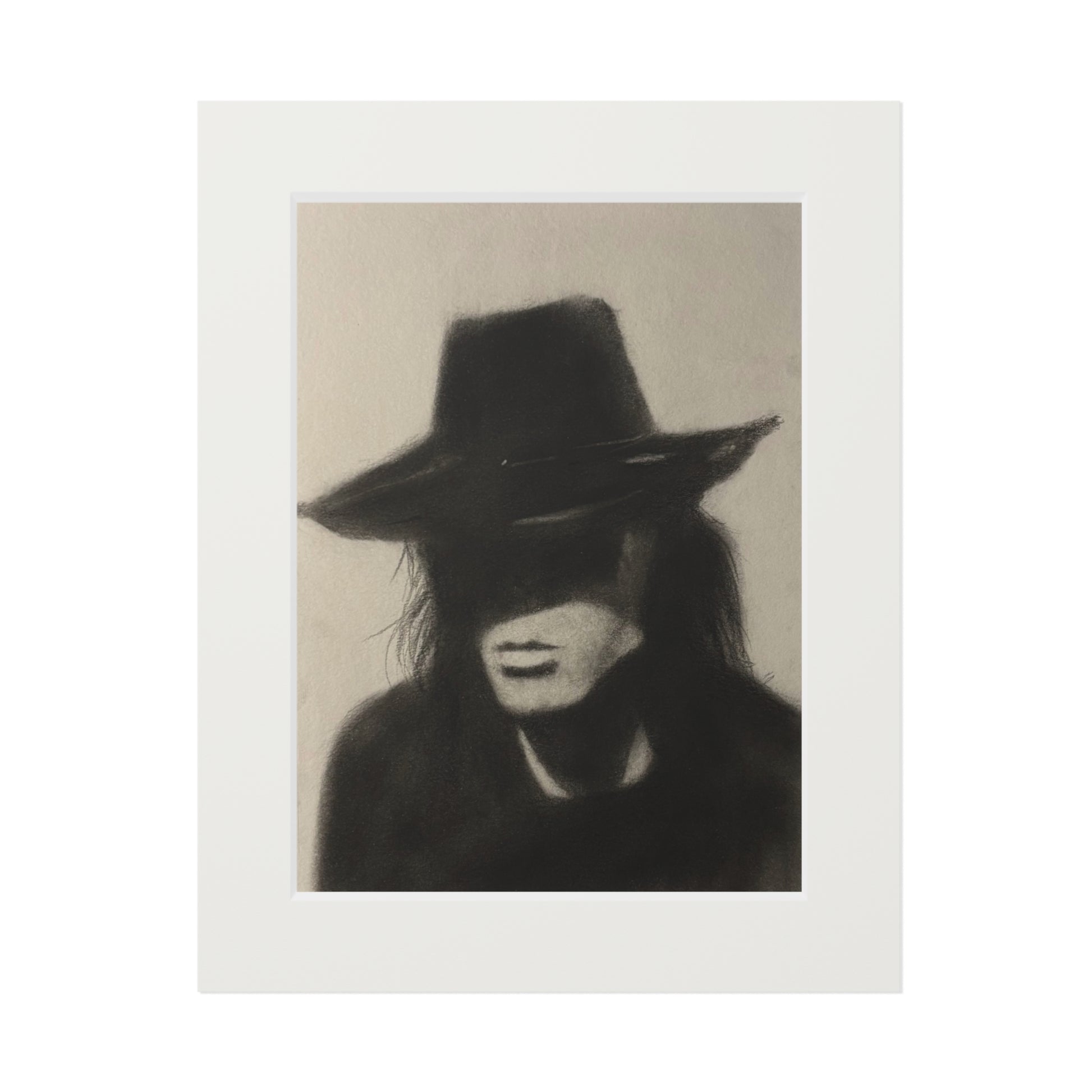 "COWBOY" Charcoal Portrait Print with Passepartout — Moody Hat Silhouette Fine Art