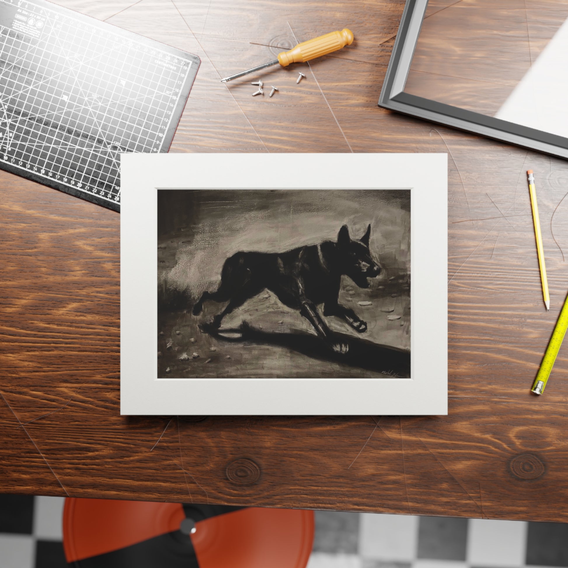 "LIMITLESS" Black German Shepherd Fine Art Print with Passepartout — Vintage-Style Dog Wall Art