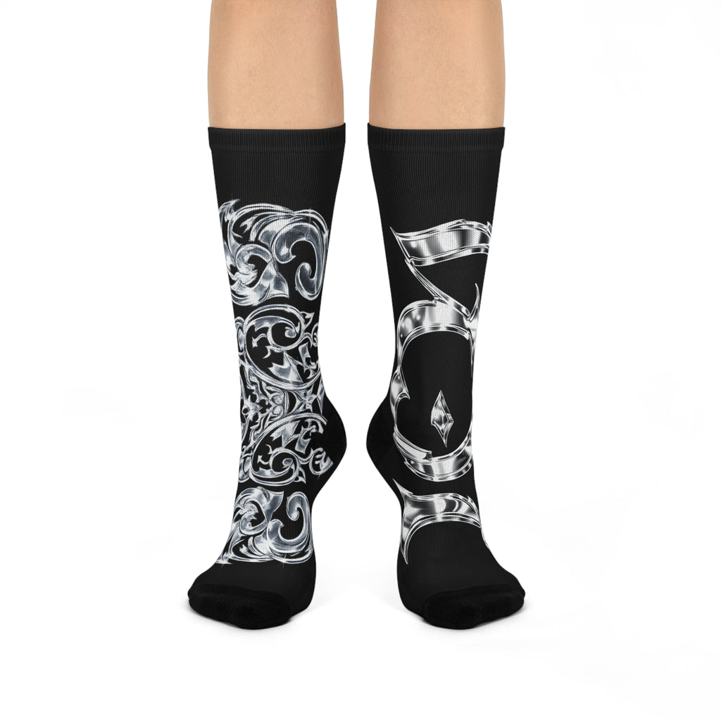 "ICY" VOL.1 Cushioned Crew Socks — Black Silver Baroque Fleur Pattern