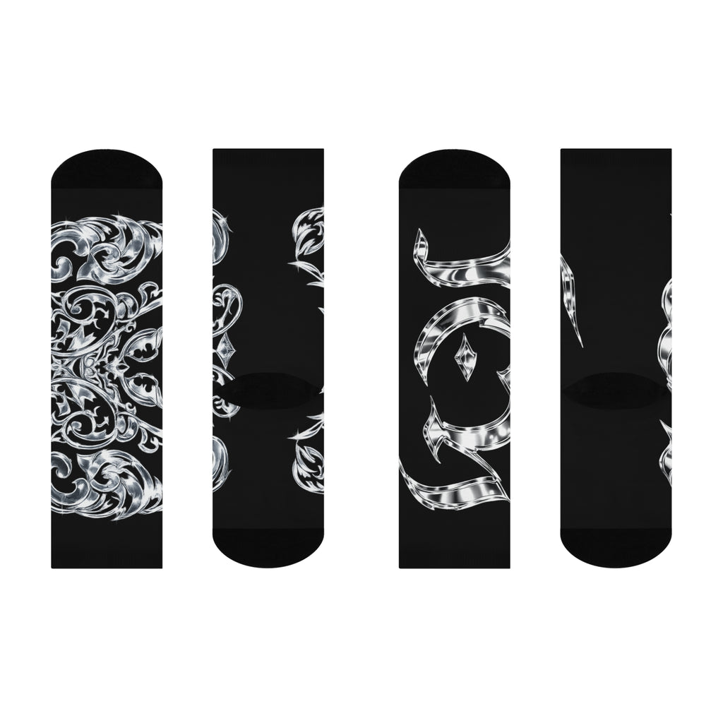 "ICY" VOL.1 Cushioned Crew Socks — Black Silver Baroque Fleur Pattern