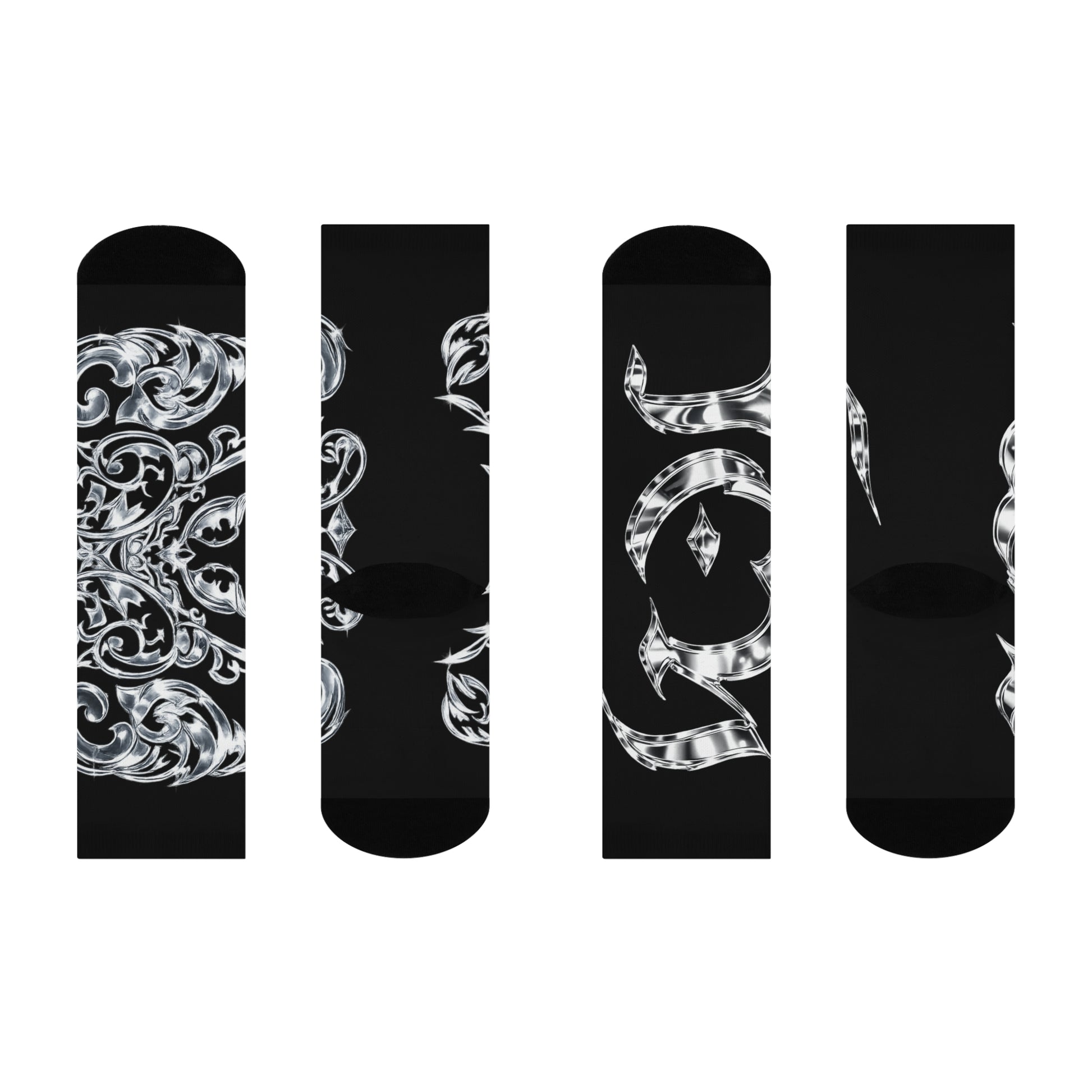 "ICY" VOL.1 Cushioned Crew Socks — Black Silver Baroque Fleur Pattern