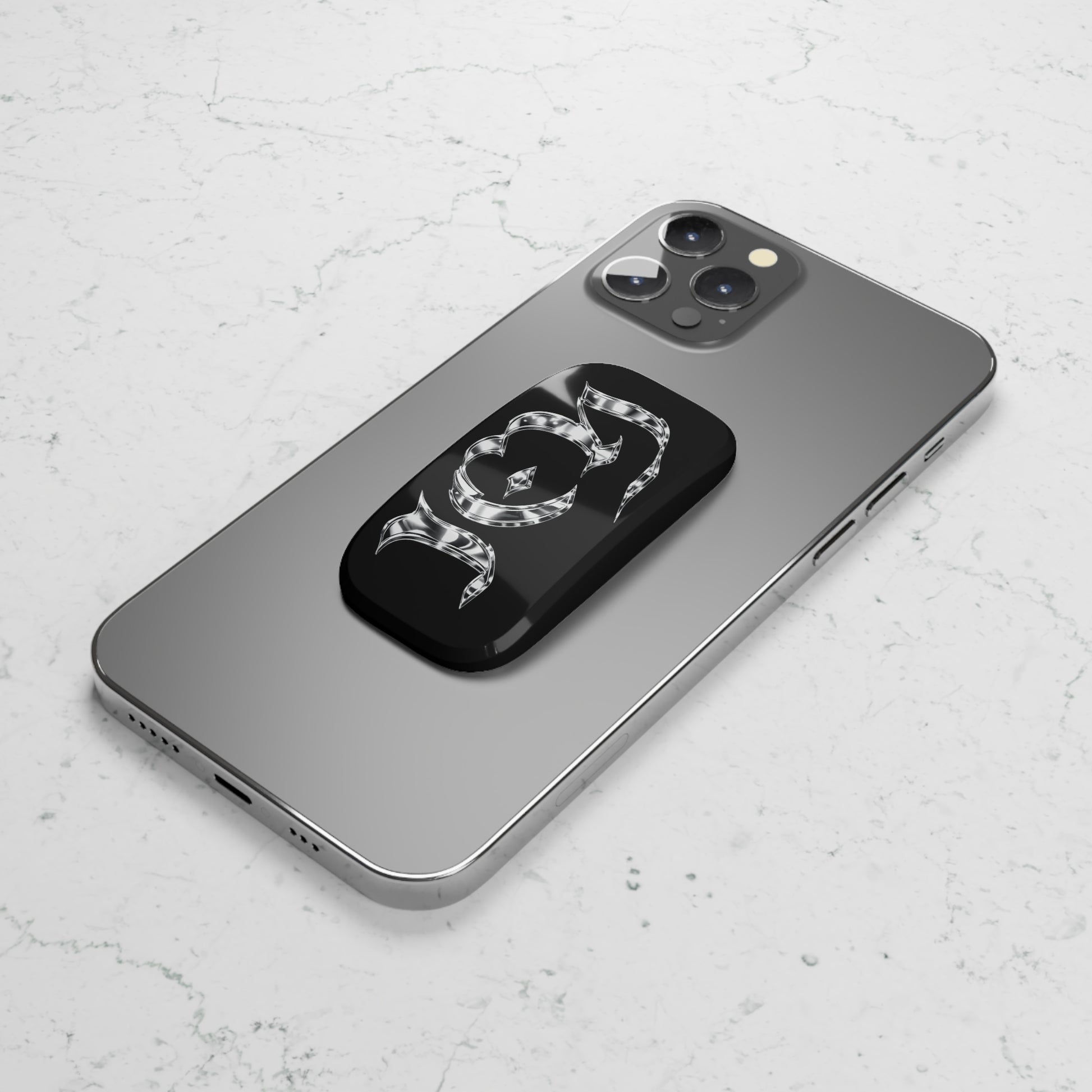 "ICY" Chrome Gothic Phone Grip — Black Click-On Phone Stand