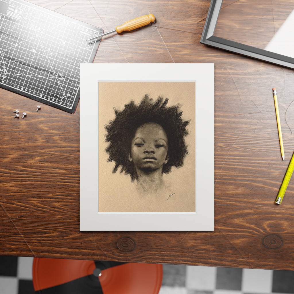 "AFRO" Fine Art Print — Charcoal Portrait with Passepartout Frame