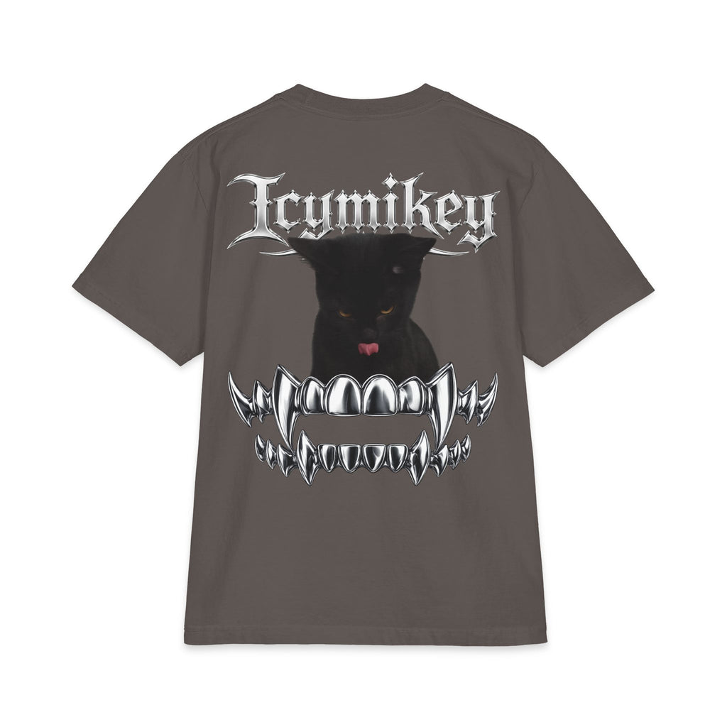 IcyMikey "BOO" Graphic Tee — Black Cat & Metallic Fang Back Print