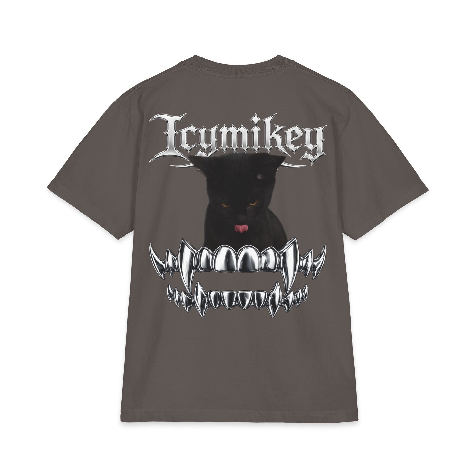 IcyMikey "BOO" Graphic Tee — Black Cat & Metallic Fang Back Print