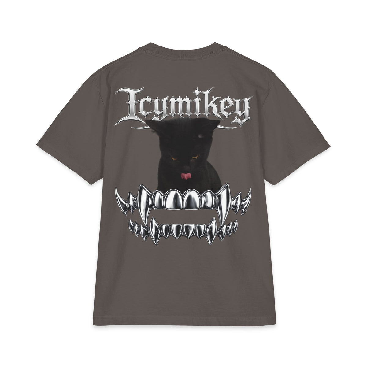 IcyMikey "BOO" Graphic Tee — Black Cat & Metallic Fang Back Print