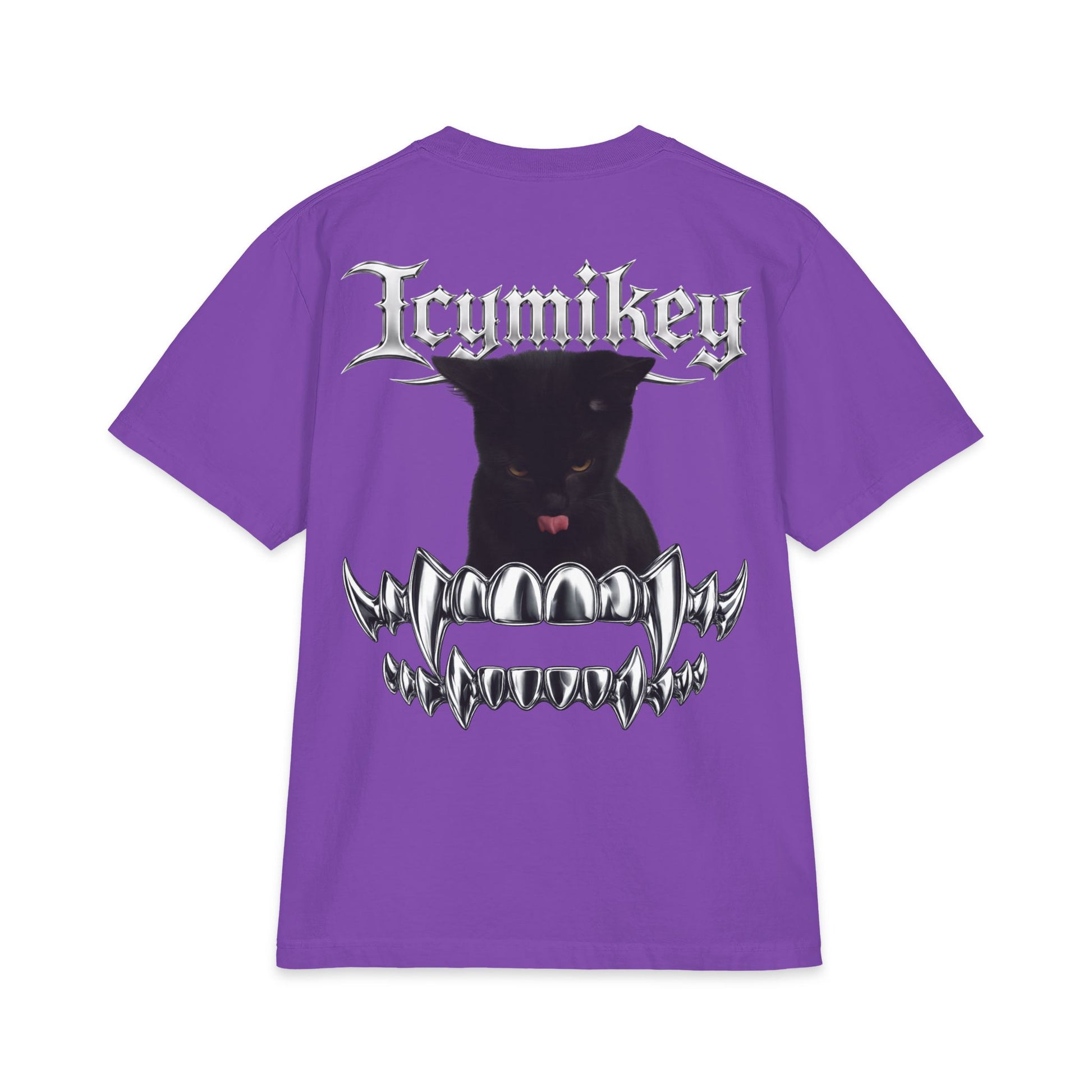 IcyMikey "BOO" Graphic Tee — Black Cat & Metallic Fang Back Print