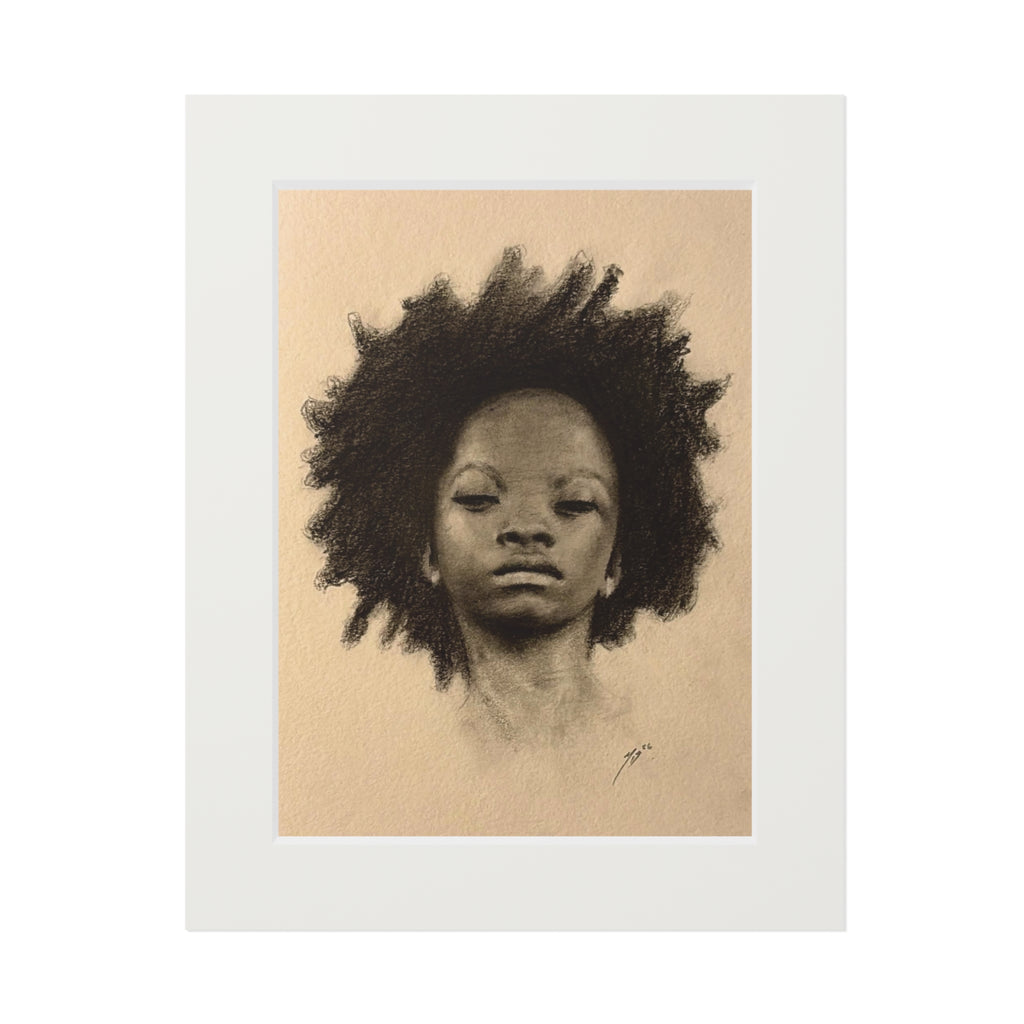 "AFRO" Fine Art Print — Charcoal Portrait with Passepartout Frame