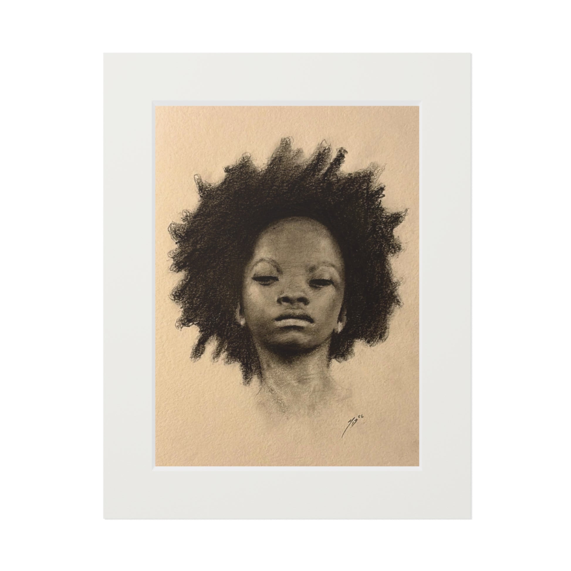 "AFRO" Fine Art Print — Charcoal Portrait with Passepartout Frame