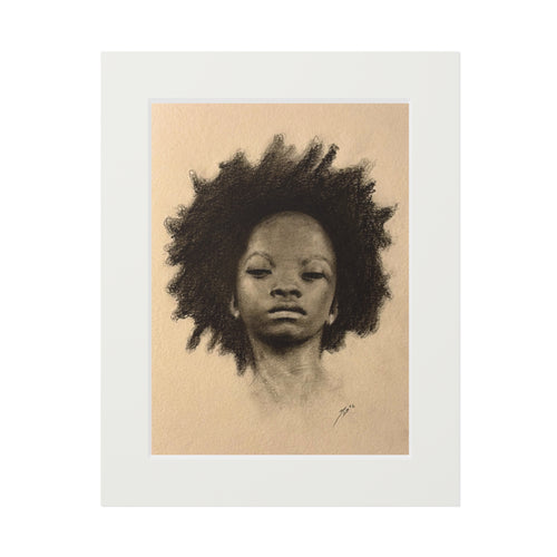 "AFRO" Fine Art Print — Charcoal Portrait with Passepartout Frame