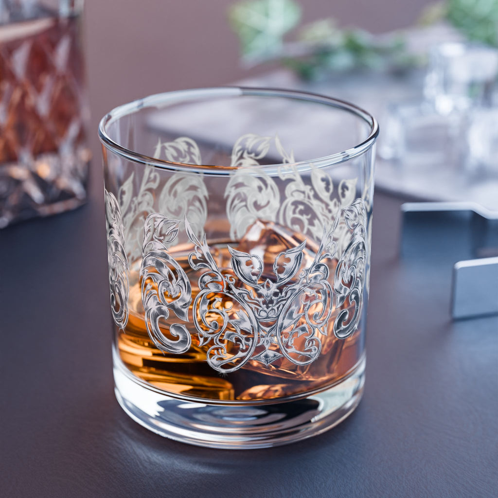 10oz Engraved Rocks Glass — Ornate Swirl Whiskey Tumbler