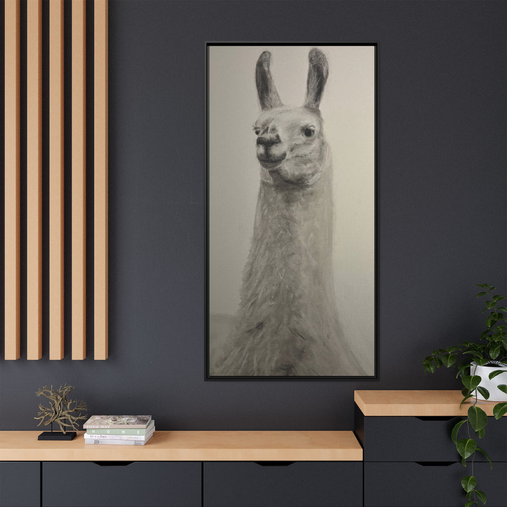 Framed Llama Portrait Canvas — Neutral Monochrome Animal Wall Art