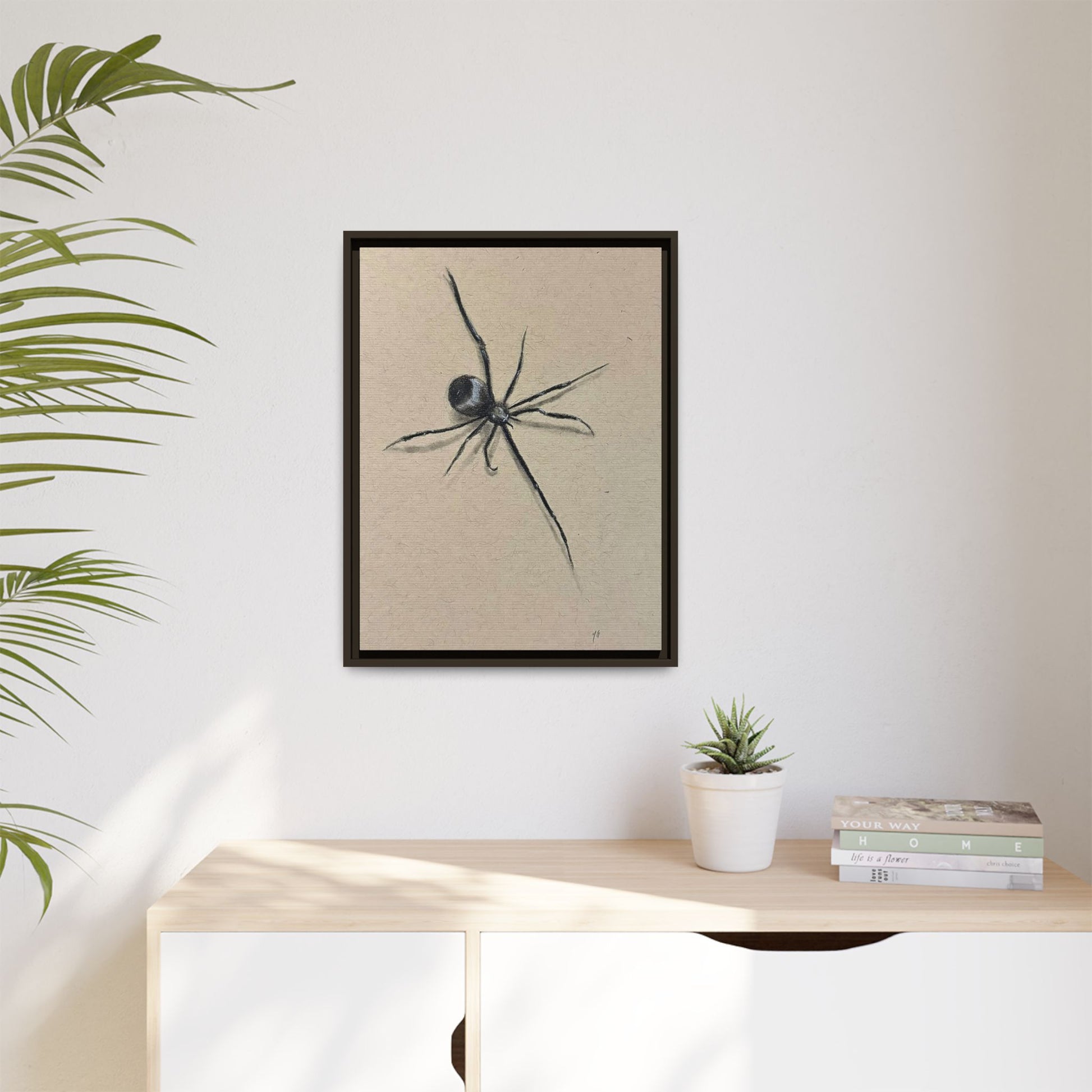 "ICY" SPIDER Framed Canvas Art — Minimal Black Spider Sketch