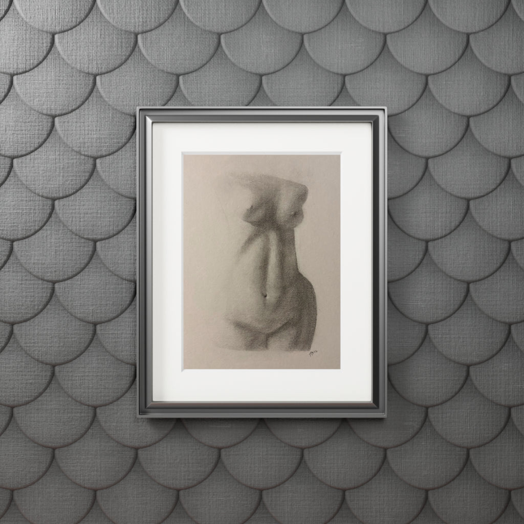 Charcoal Nude Torso Fine Art Print with Passepartout — Figure Study Wall Art